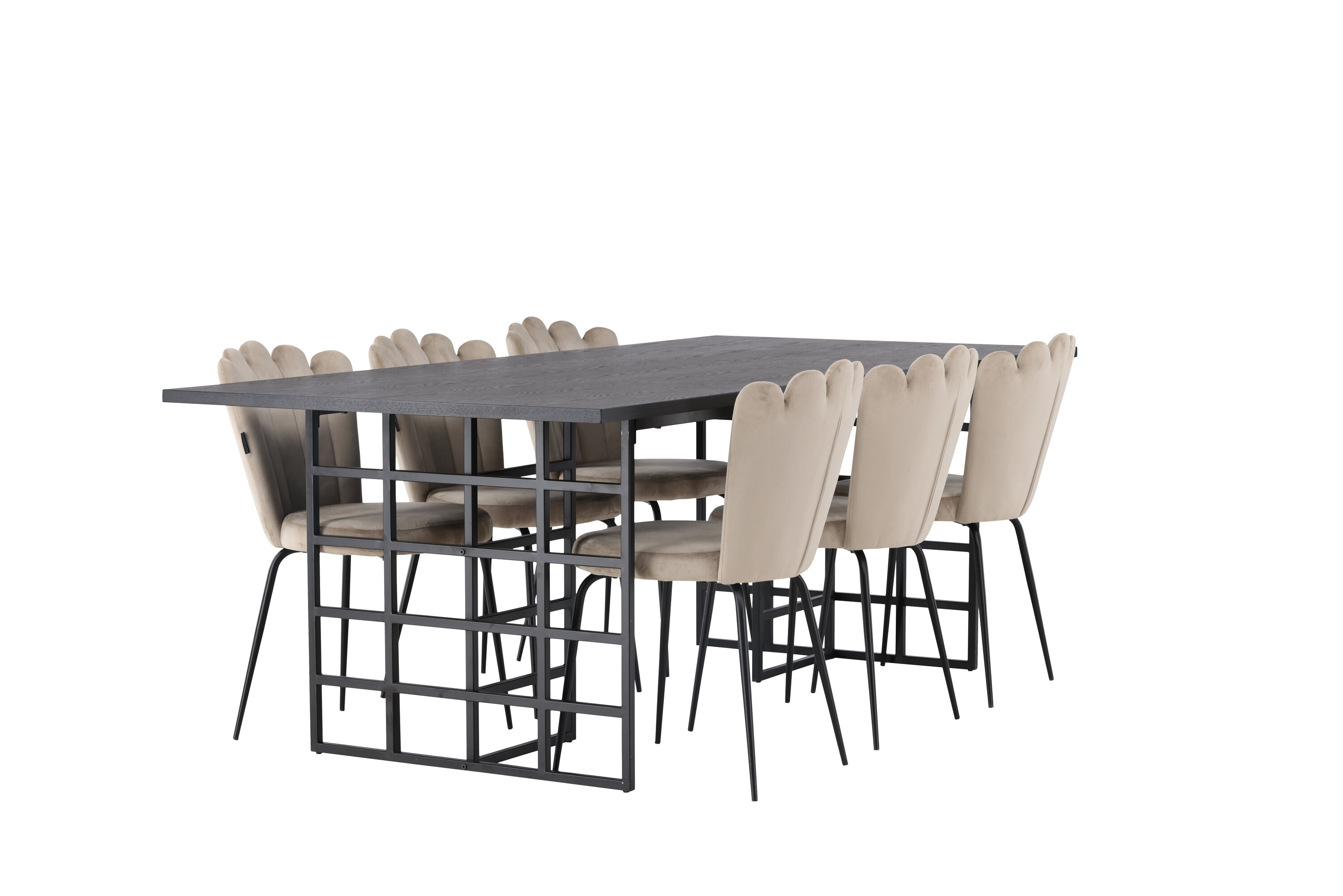 Ystad, Limhamn ensemble repas rectangulaire noir, beige Table : 75 x 220 x 100 Chaise : 42 x 82 x 44 cm sur fond clair