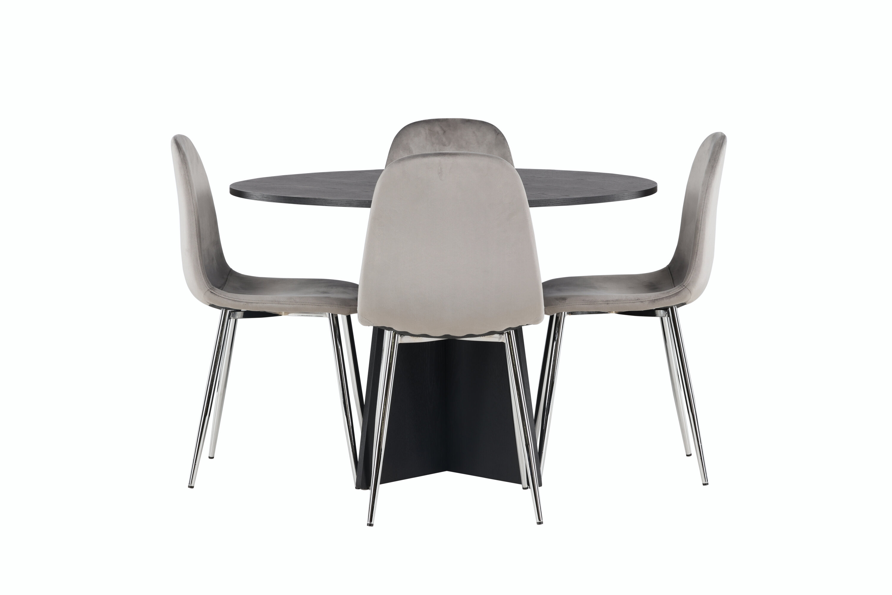 Bootcut, Eva ensemble repas rond noir, argenté, gris clair Table : ⌀110 Chaise : 42 x 89 x 44,5 cm sur fond clair