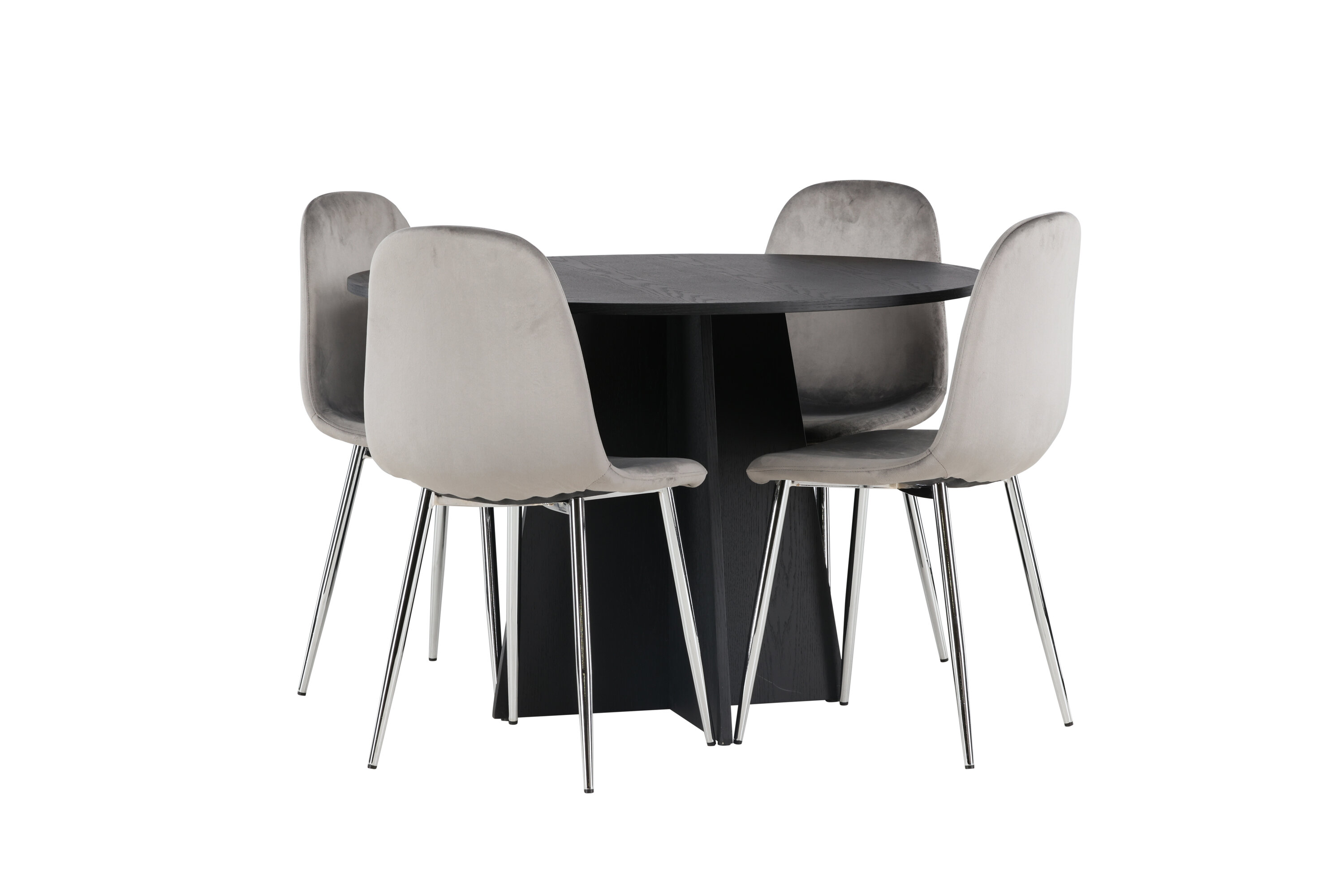 Bootcut, Eva ensemble repas rond noir, argenté, gris clair Table : ⌀110 Chaise : 42 x 89 x 44,5 cm sur fond clair