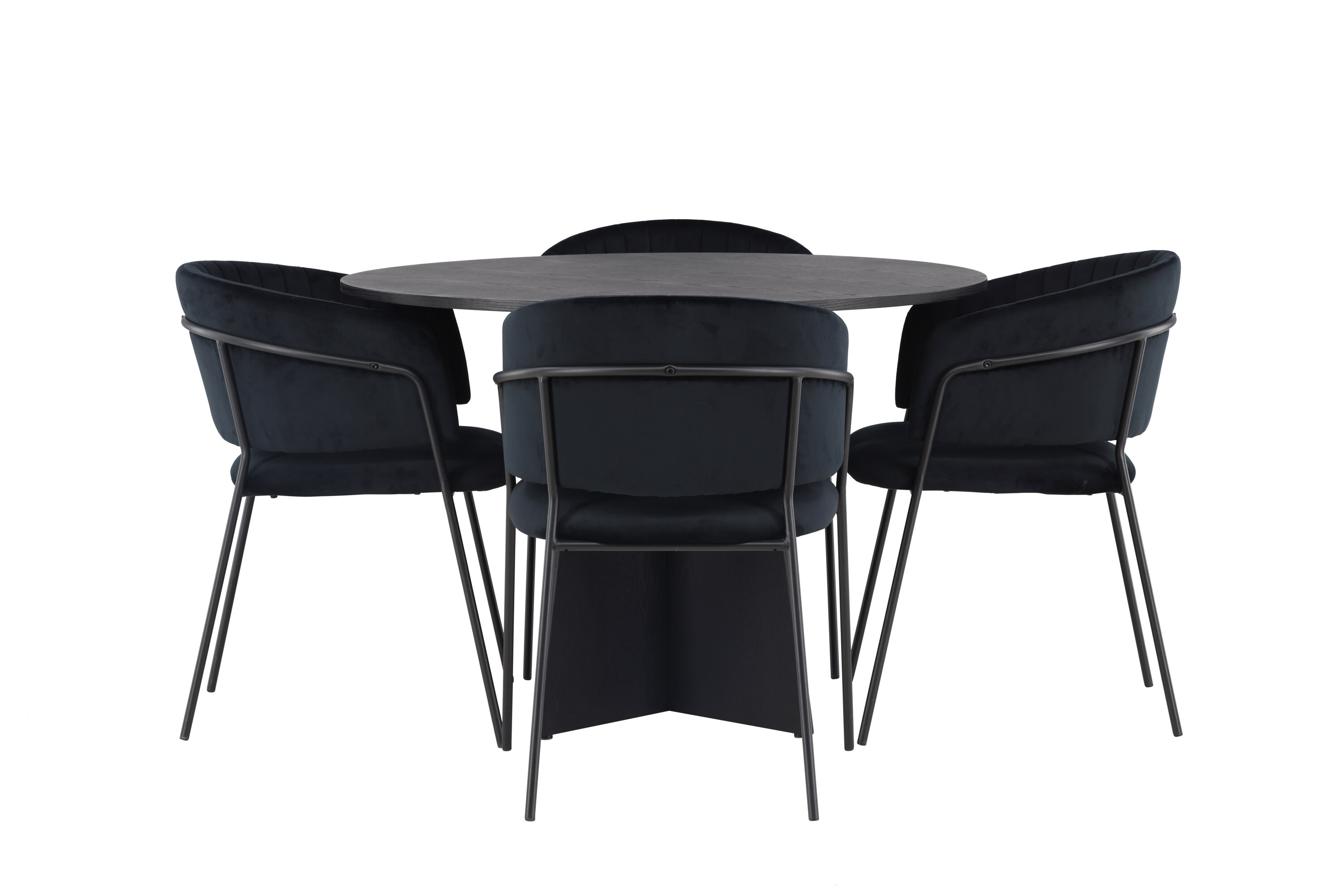Bootcut, Selma ensemble repas rond noir Table : ⌀110 Chaise : 58 x 82 x 54 cm sur fond clair