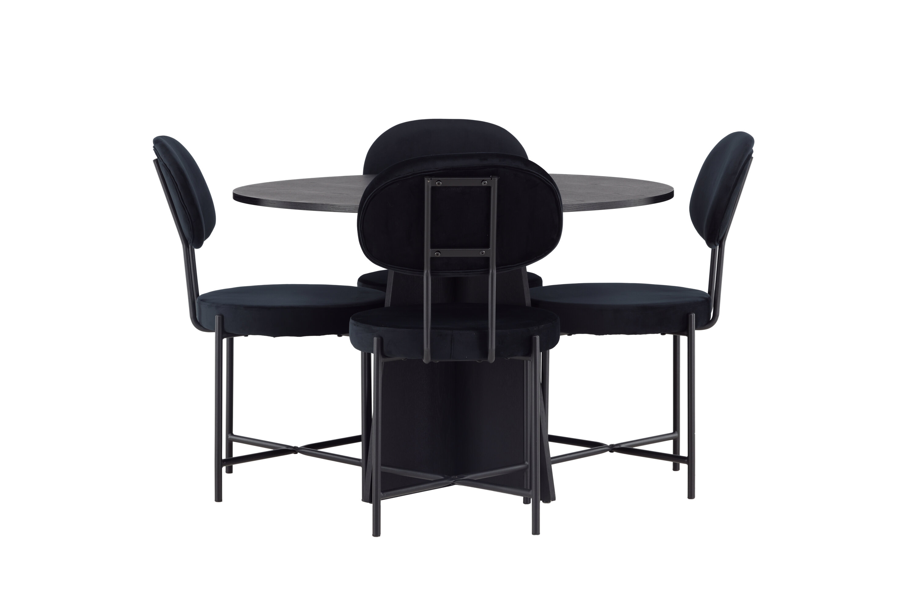 Bootcut, Stella ensemble repas rond noir Table : ⌀110 Chaise : 60 x 89 x 50 cm sur fond clair