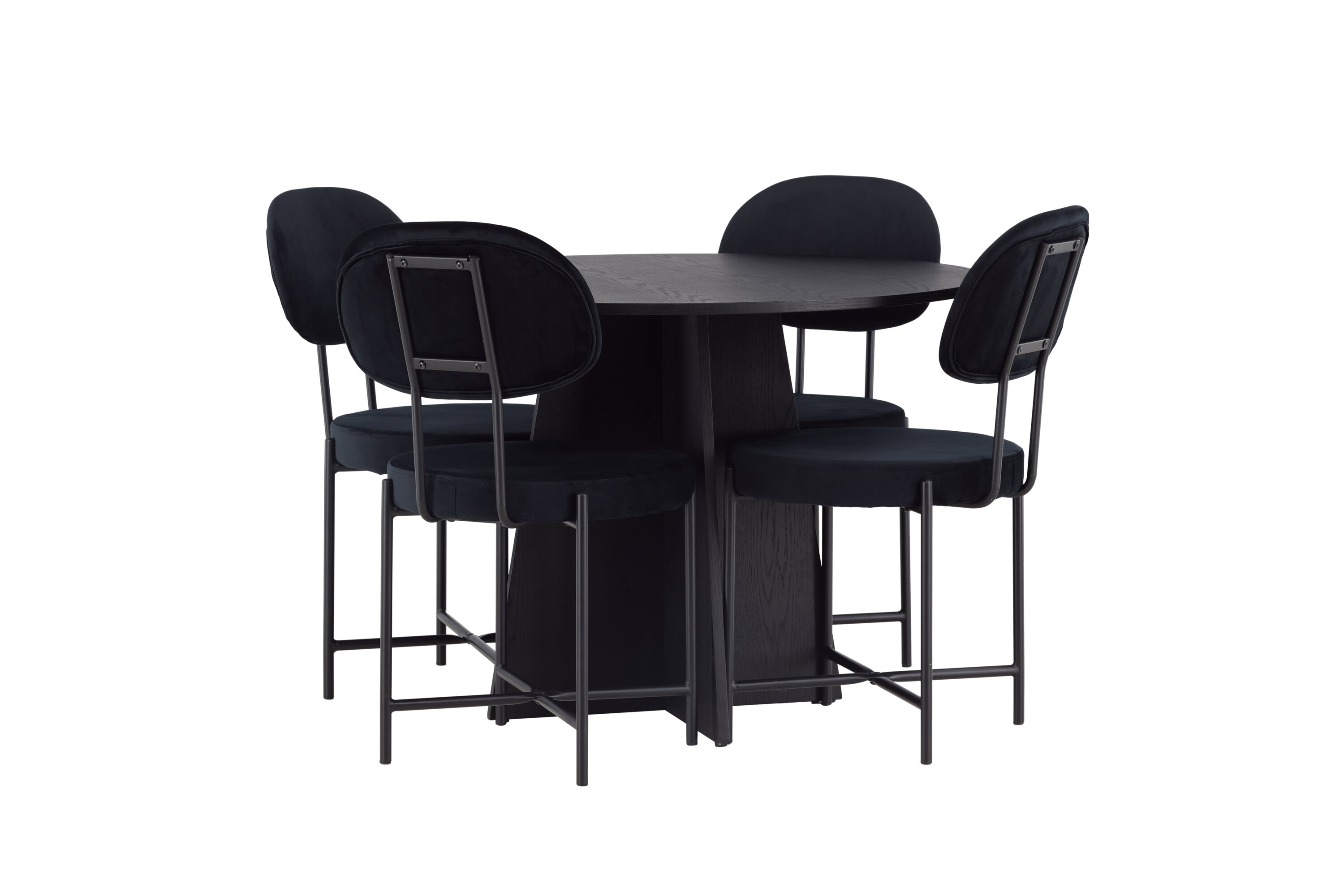 Bootcut, Stella ensemble repas rond noir Table : ⌀110 Chaise : 60 x 89 x 50 cm sur fond clair
