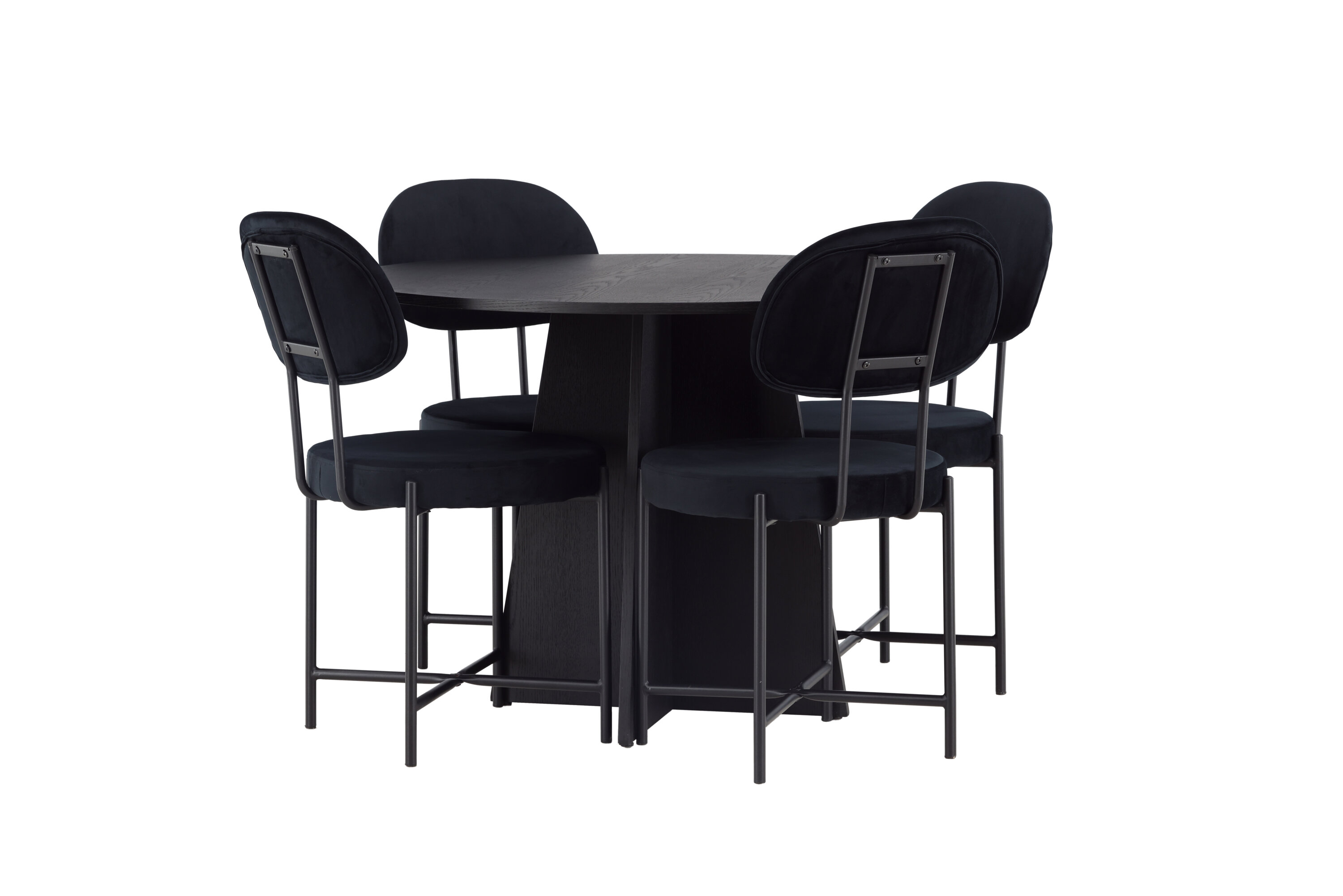 Bootcut, Stella ensemble repas rond noir Table : ⌀110 Chaise : 60 x 89 x 50 cm sur fond clair