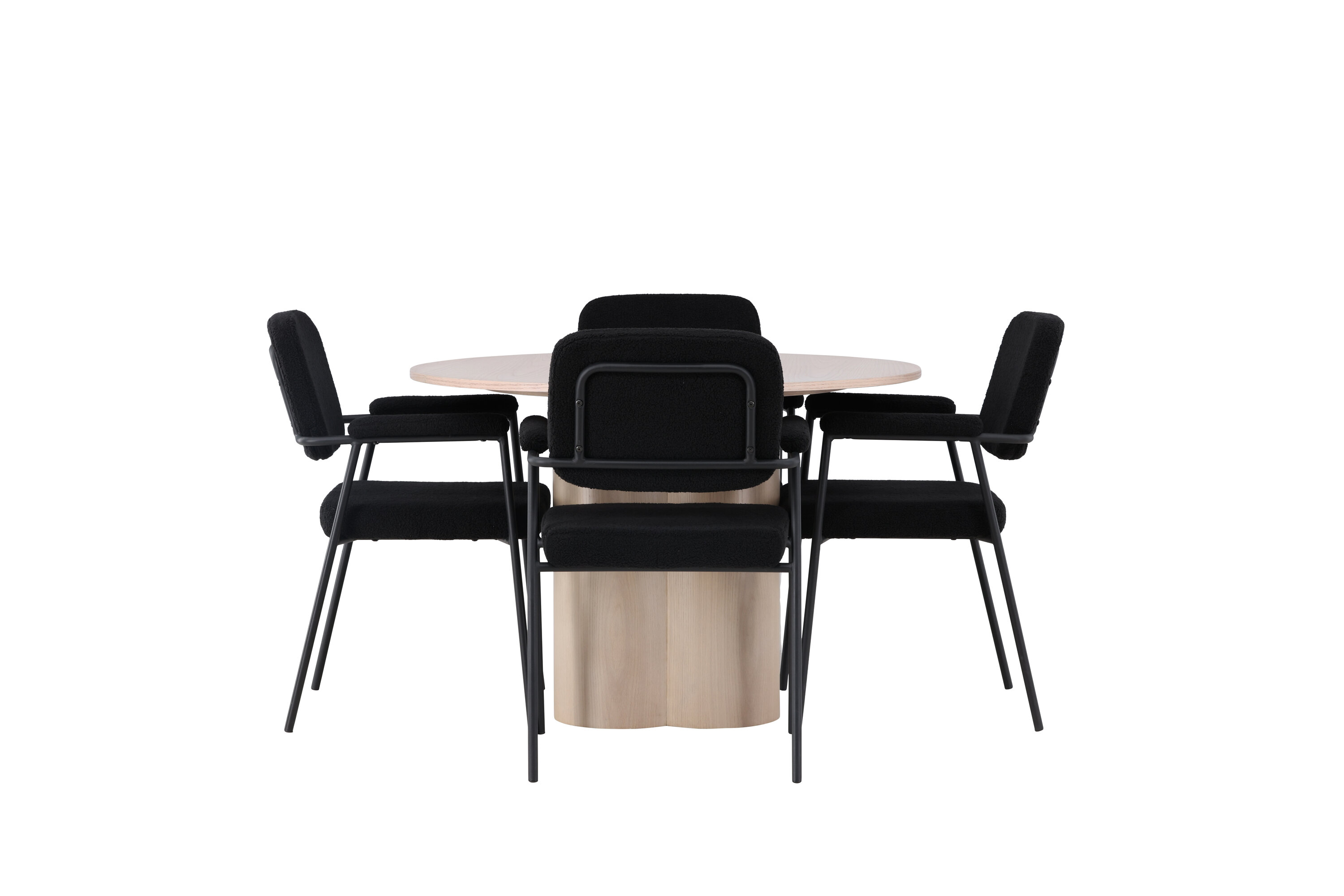 Olivia, Yesterday ensemble repas rond blanchi, noir Table : ⌀110 Chaise : 60,5 x 90 x 58 cm sur fond clair