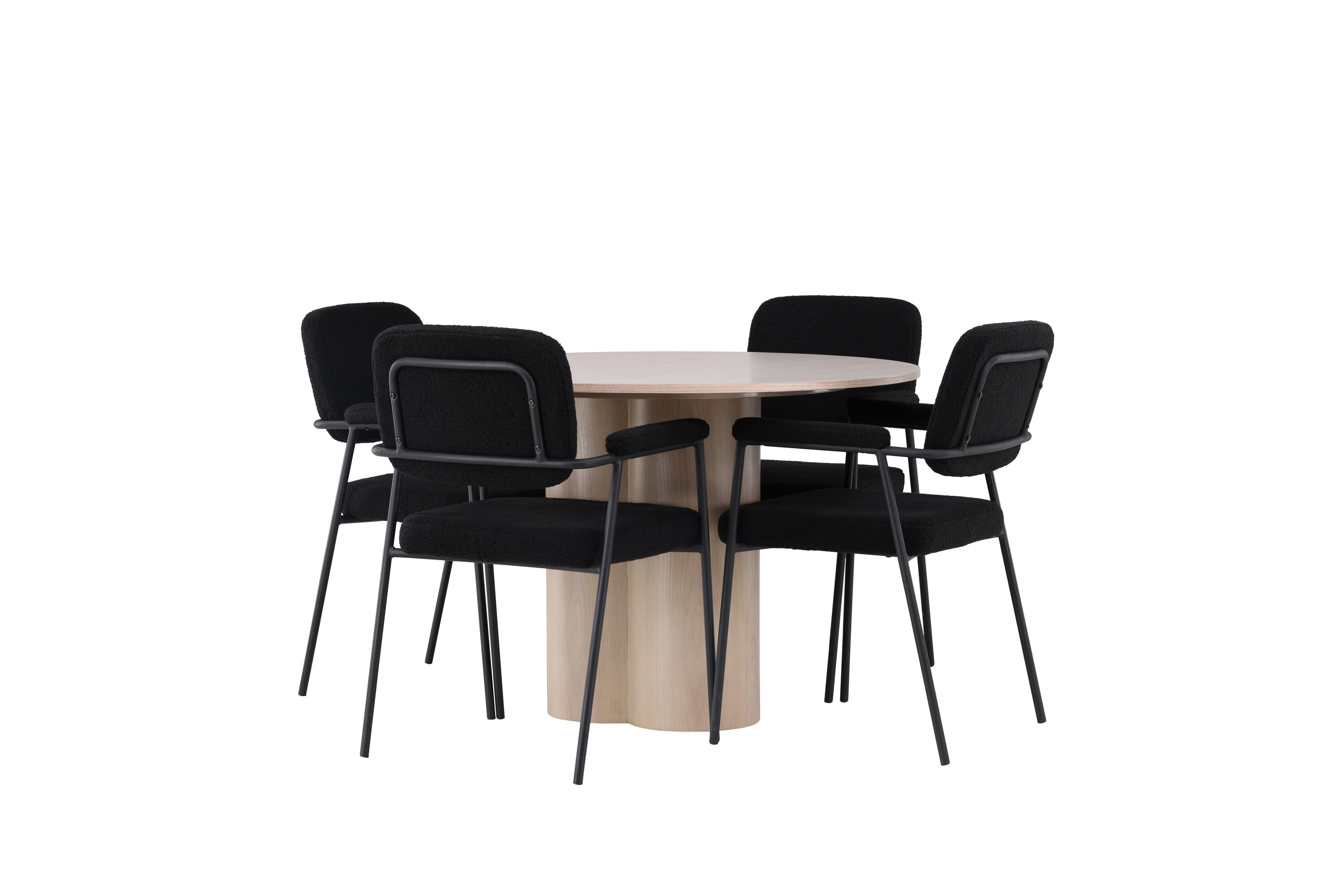 Olivia, Yesterday ensemble repas rond blanchi, noir Table : ⌀110 Chaise : 60,5 x 90 x 58 cm sur fond clair