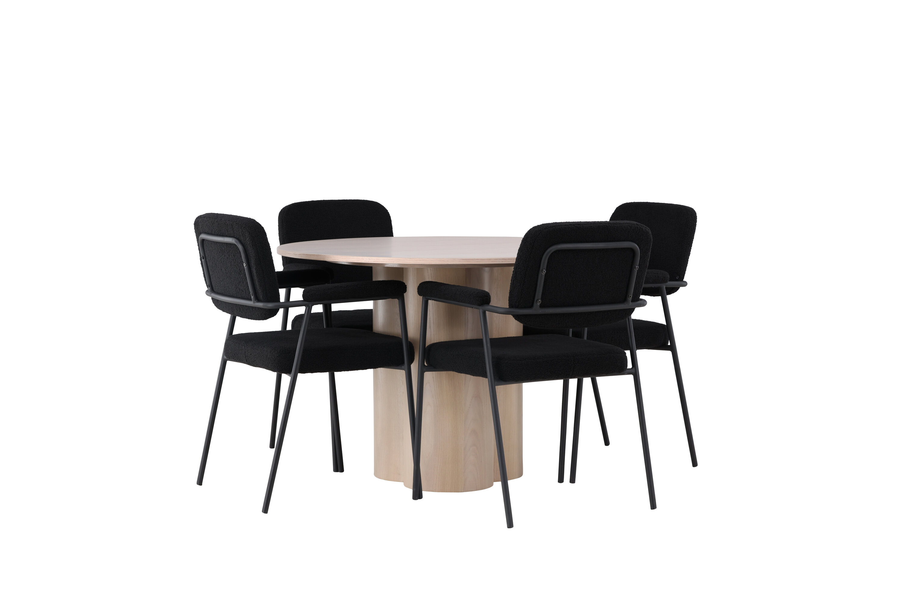 Olivia, Yesterday ensemble repas rond blanchi, noir Table : ⌀110 Chaise : 60,5 x 90 x 58 cm sur fond clair