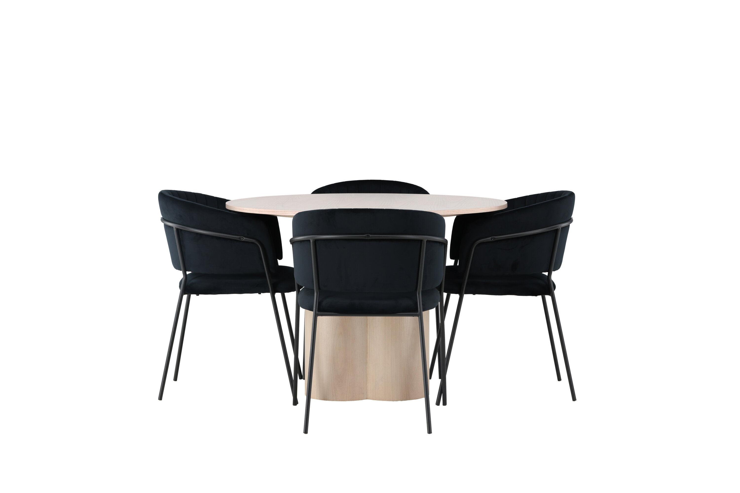 Olivia, Selma ensemble repas rond blanchi, noir Table : ⌀110 Chaise : 58 x 82 x 54 cm sur fond clair