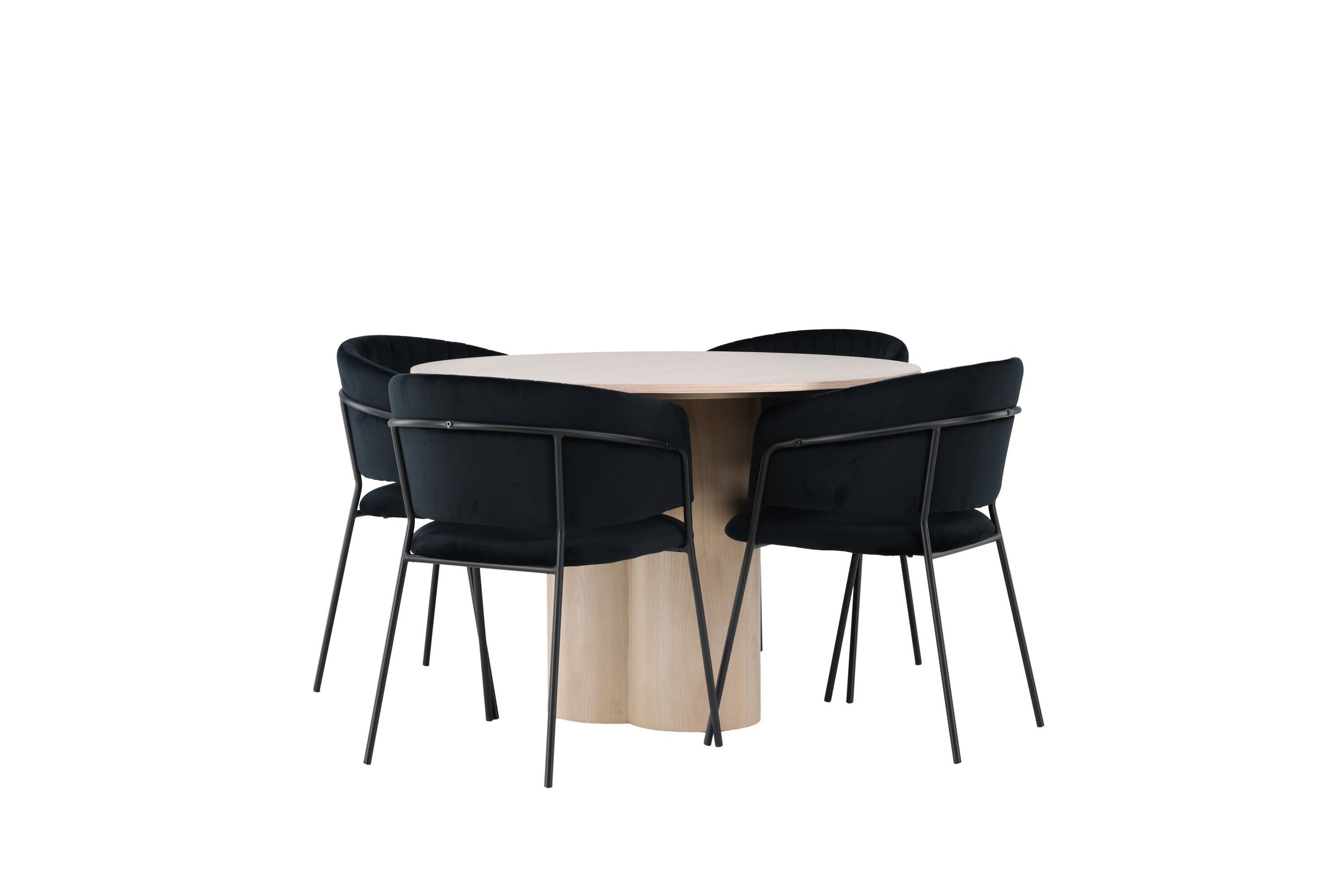 Olivia, Selma ensemble repas rond blanchi, noir Table : ⌀110 Chaise : 58 x 82 x 54 cm sur fond clair