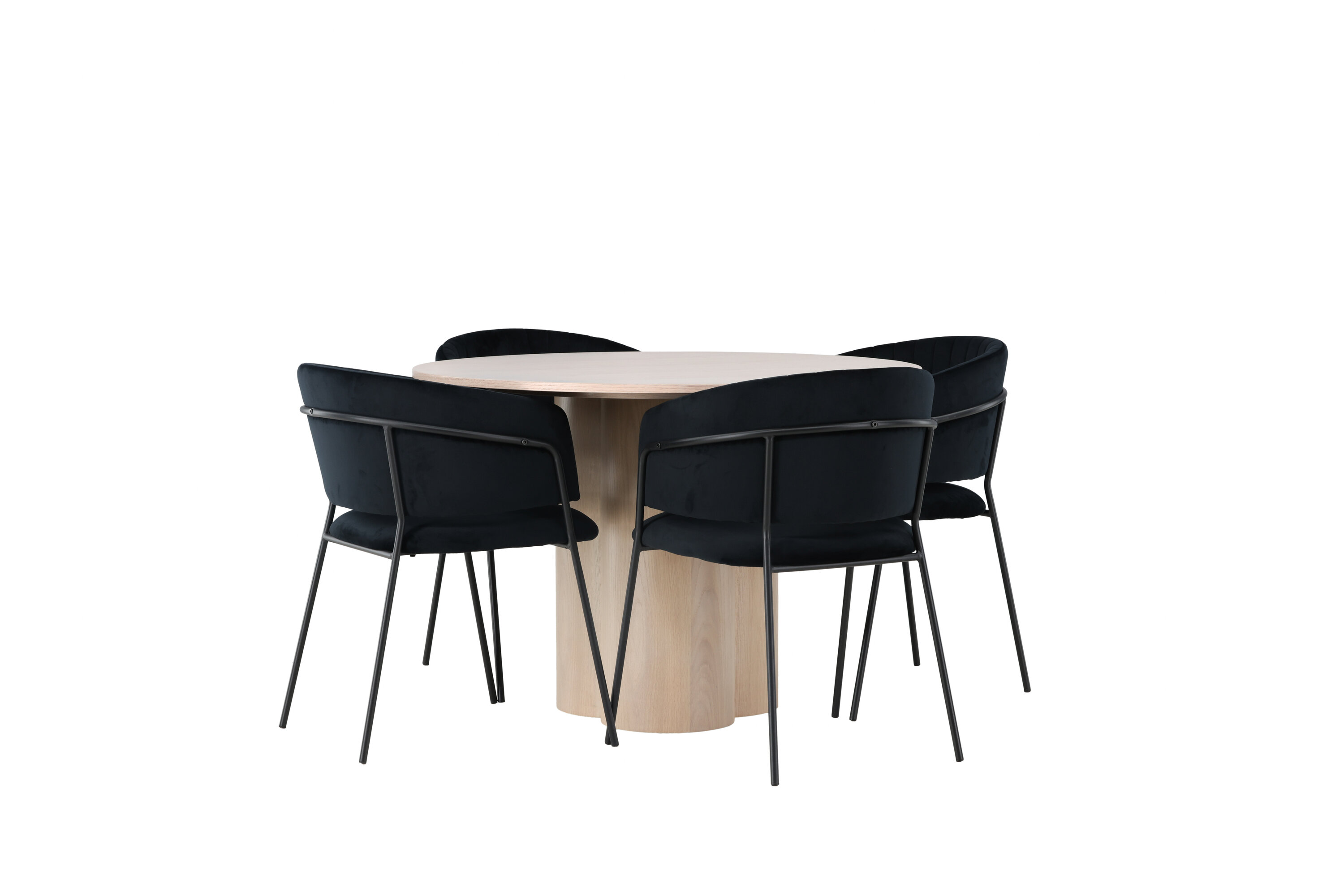 Olivia, Selma ensemble repas rond blanchi, noir Table : ⌀110 Chaise : 58 x 82 x 54 cm sur fond clair