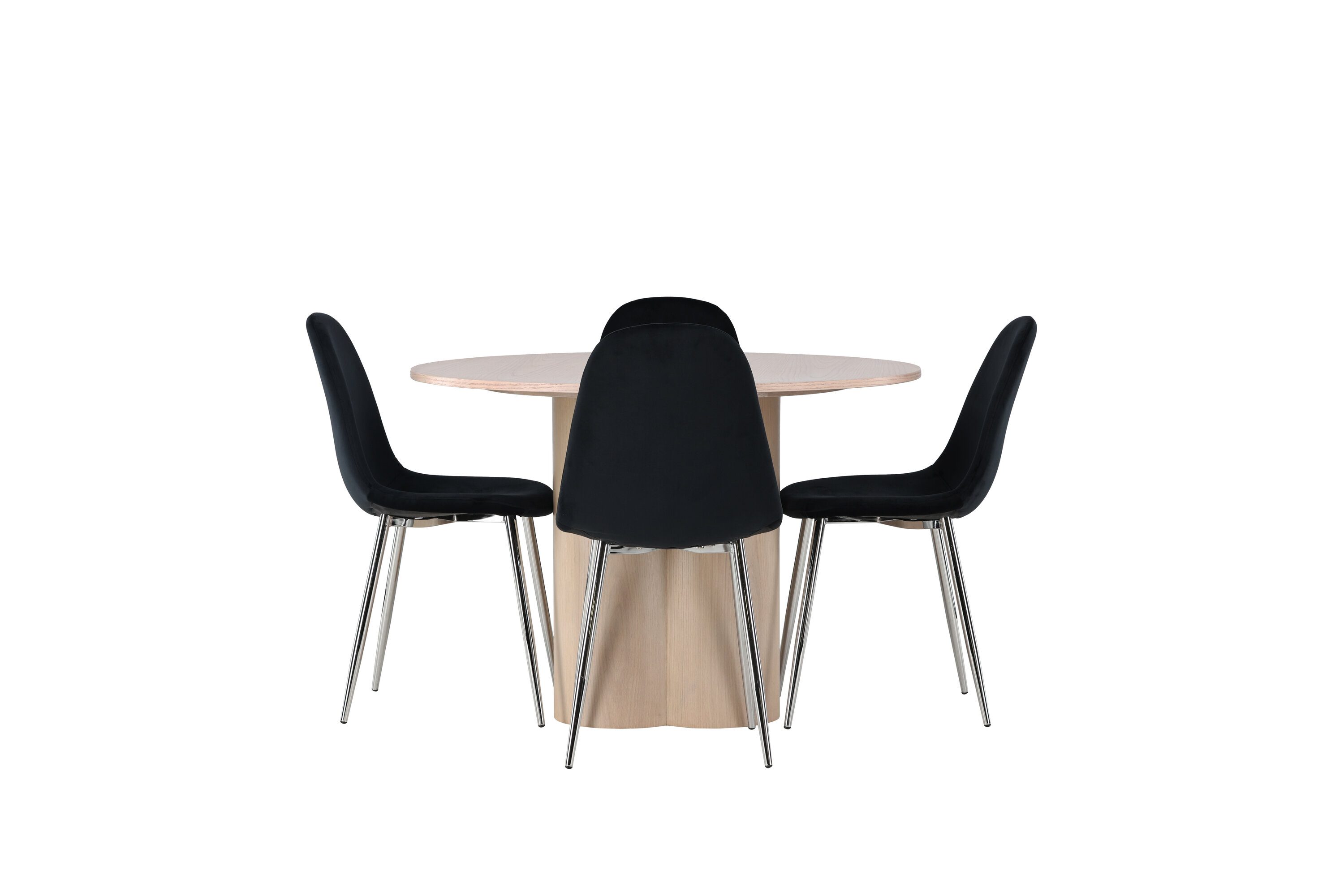 Olivia, Polar ensemble repas rond blanchi, noir, argenté Table : ⌀110 Chaise : 52 x 90 x 45 cm sur fond clair