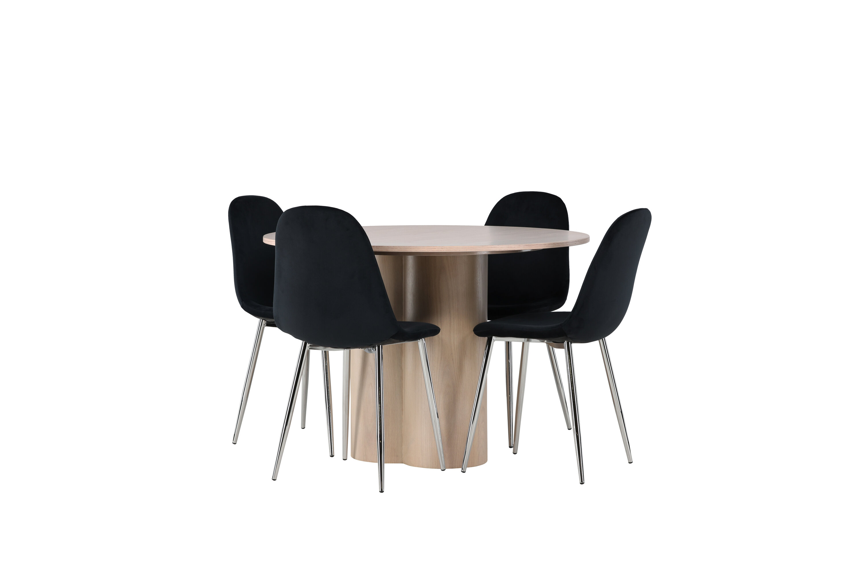 Olivia, Polar ensemble repas rond blanchi, noir, argenté Table : ⌀110 Chaise : 52 x 90 x 45 cm sur fond clair