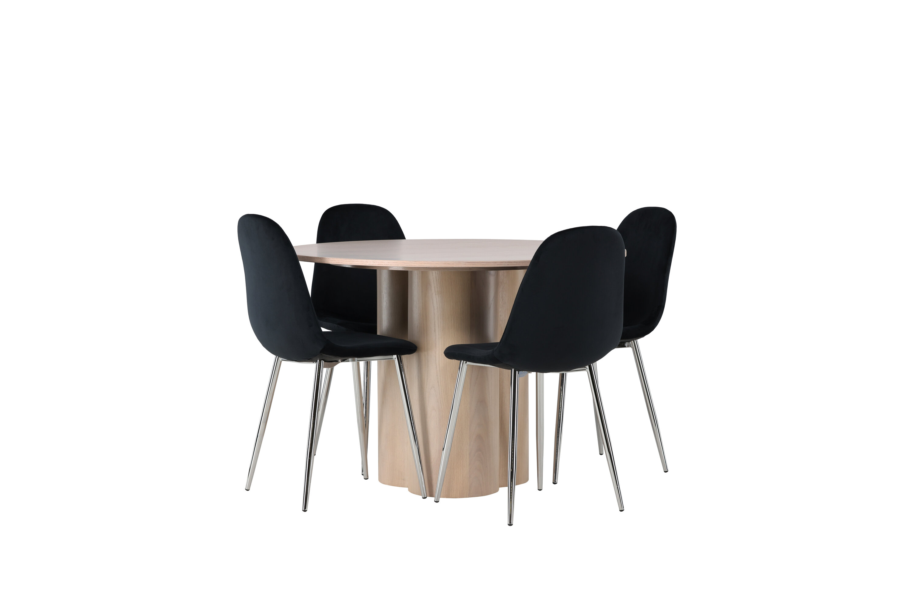 Olivia, Polar ensemble repas rond blanchi, noir, argenté Table : ⌀110 Chaise : 52 x 90 x 45 cm sur fond clair