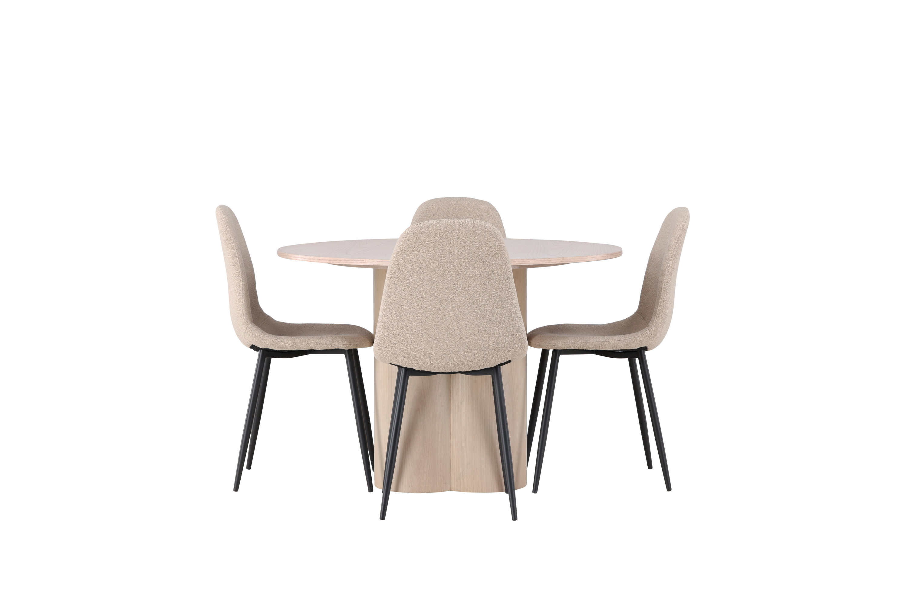 Olivia, Polar ensemble repas rond blanchi, beige, noir Table : ⌀110 Chaise : 52 x 90 x 45 cm sur fond clair