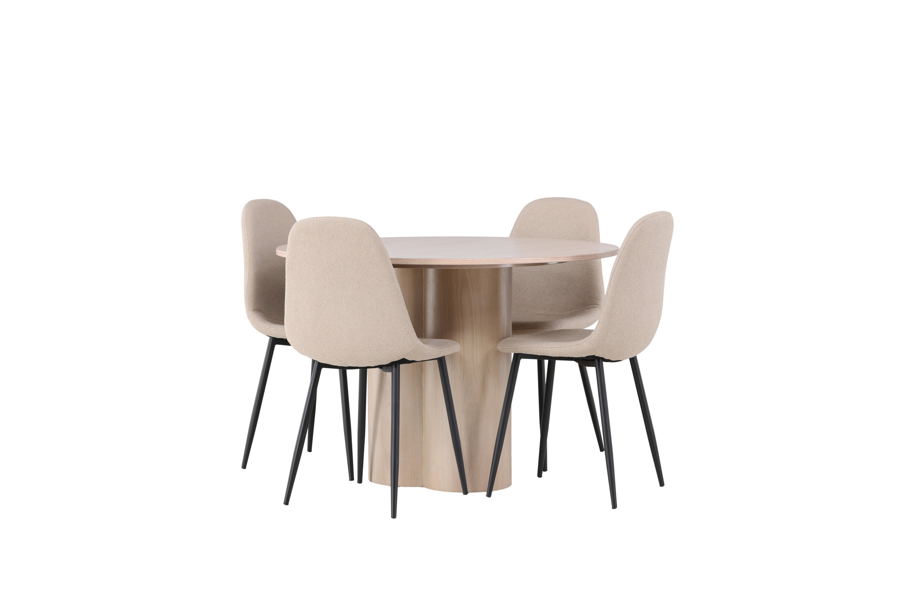 Olivia, Polar ensemble repas rond blanchi, beige, noir Table : ⌀110 Chaise : 52 x 90 x 45 cm sur fond clair