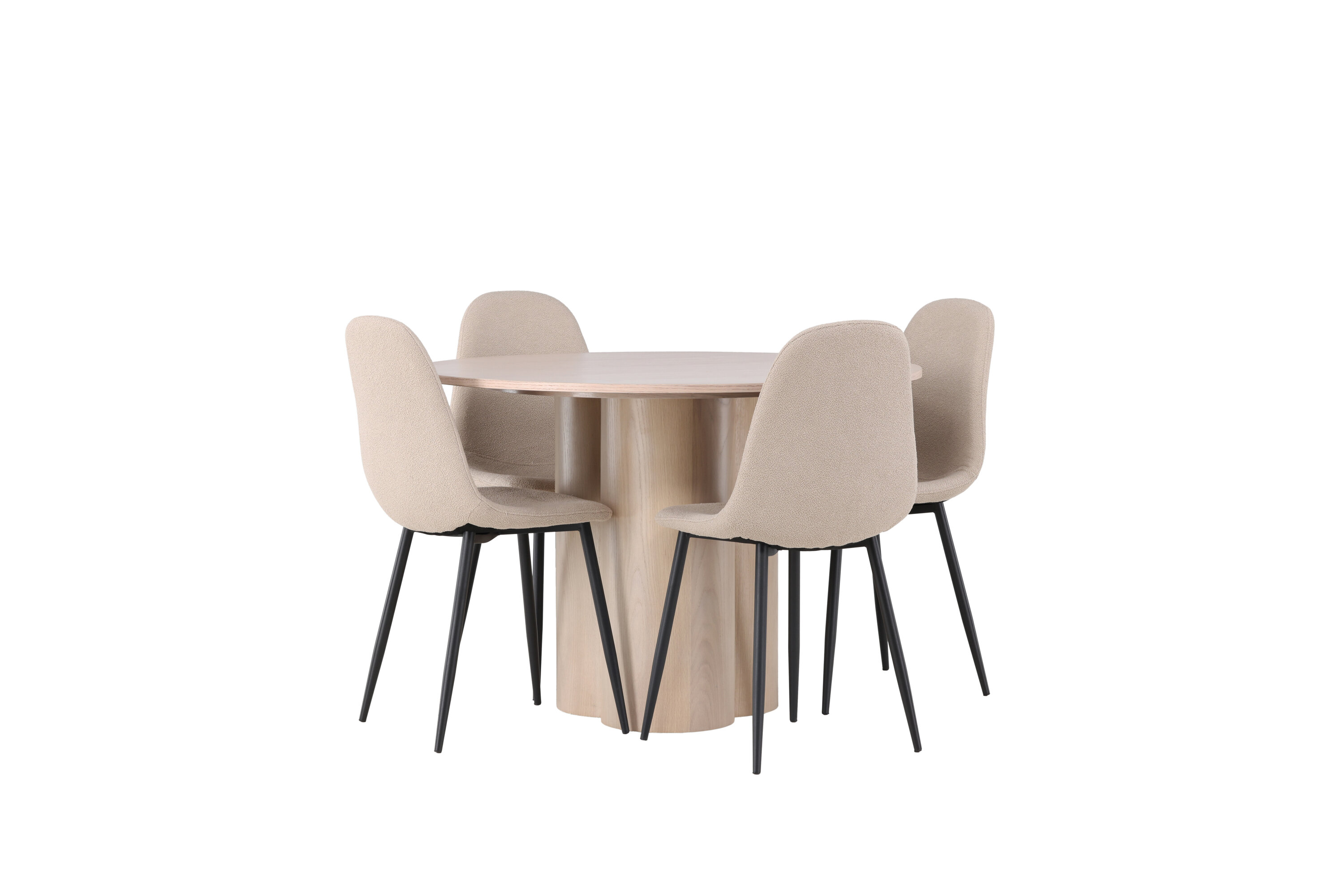 Olivia, Polar ensemble repas rond blanchi, beige, noir Table : ⌀110 Chaise : 52 x 90 x 45 cm sur fond clair