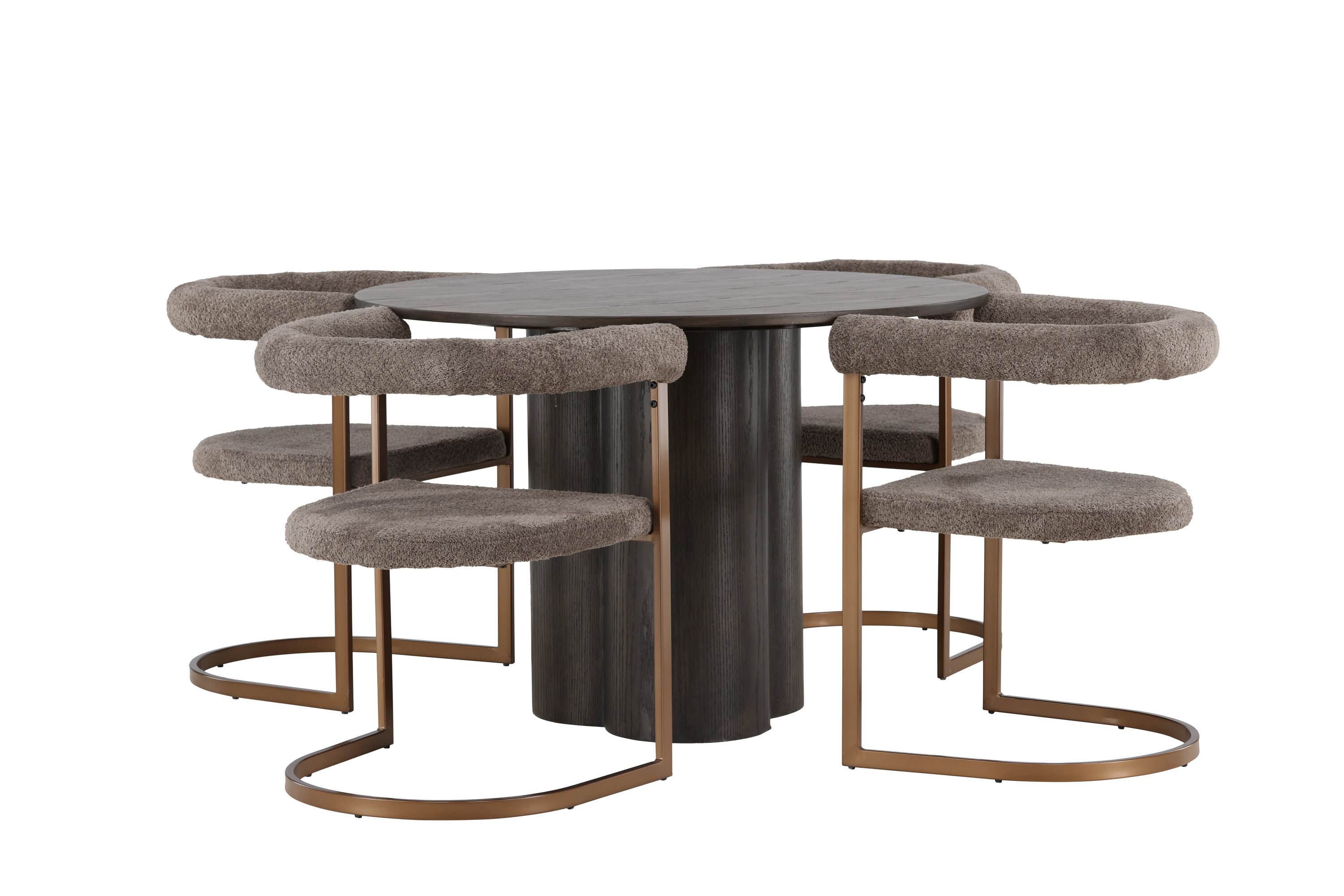 Olivia, Morning ensemble repas rond moka, gris, marron Table : ⌀110 Chaise : 54 x 75 x 65 cm sur fond clair