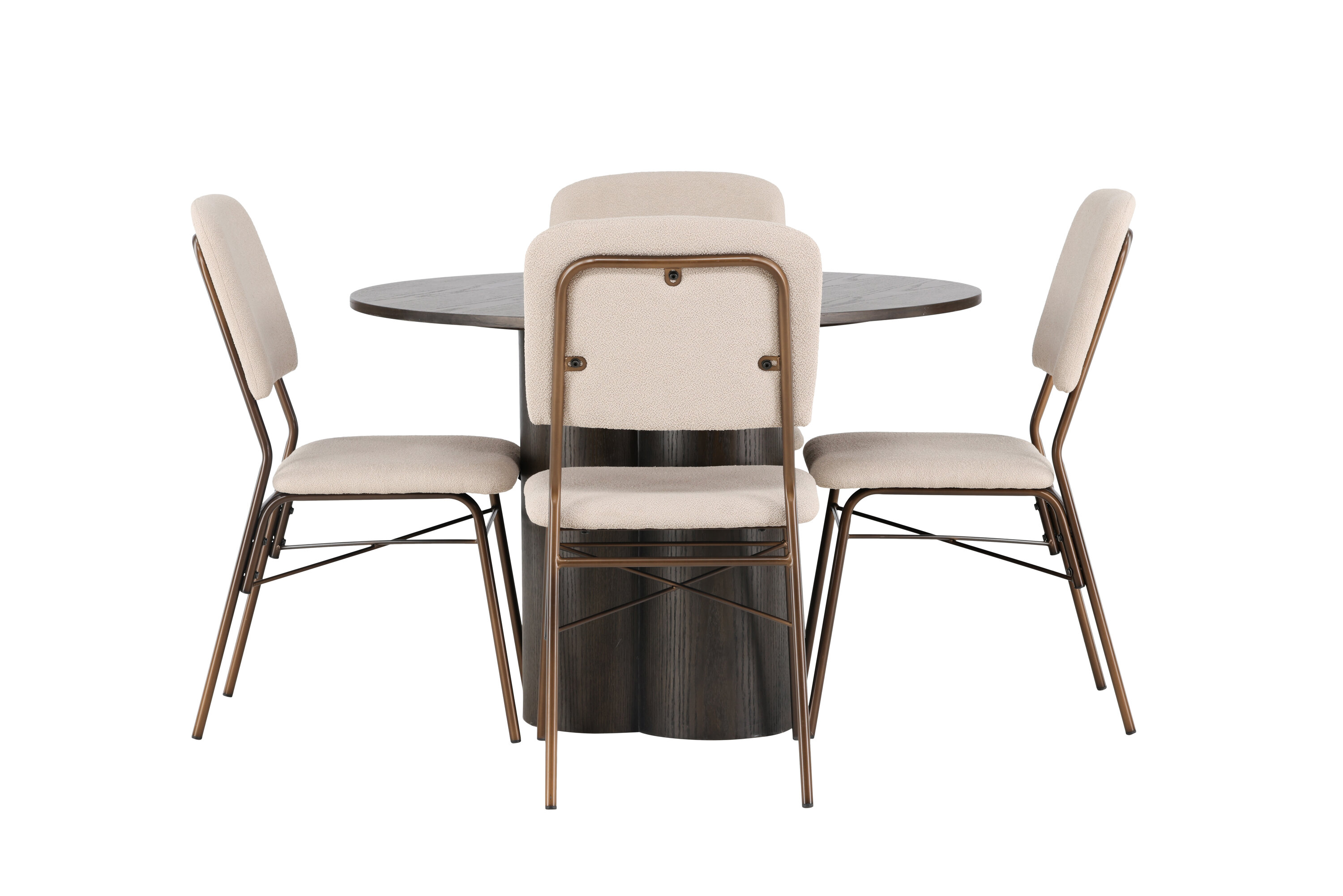 Olivia, Seda ensemble repas rond moka, beige, marron Table : ⌀110 Chaise : 56 x 94 x 48,5 cm sur fond clair