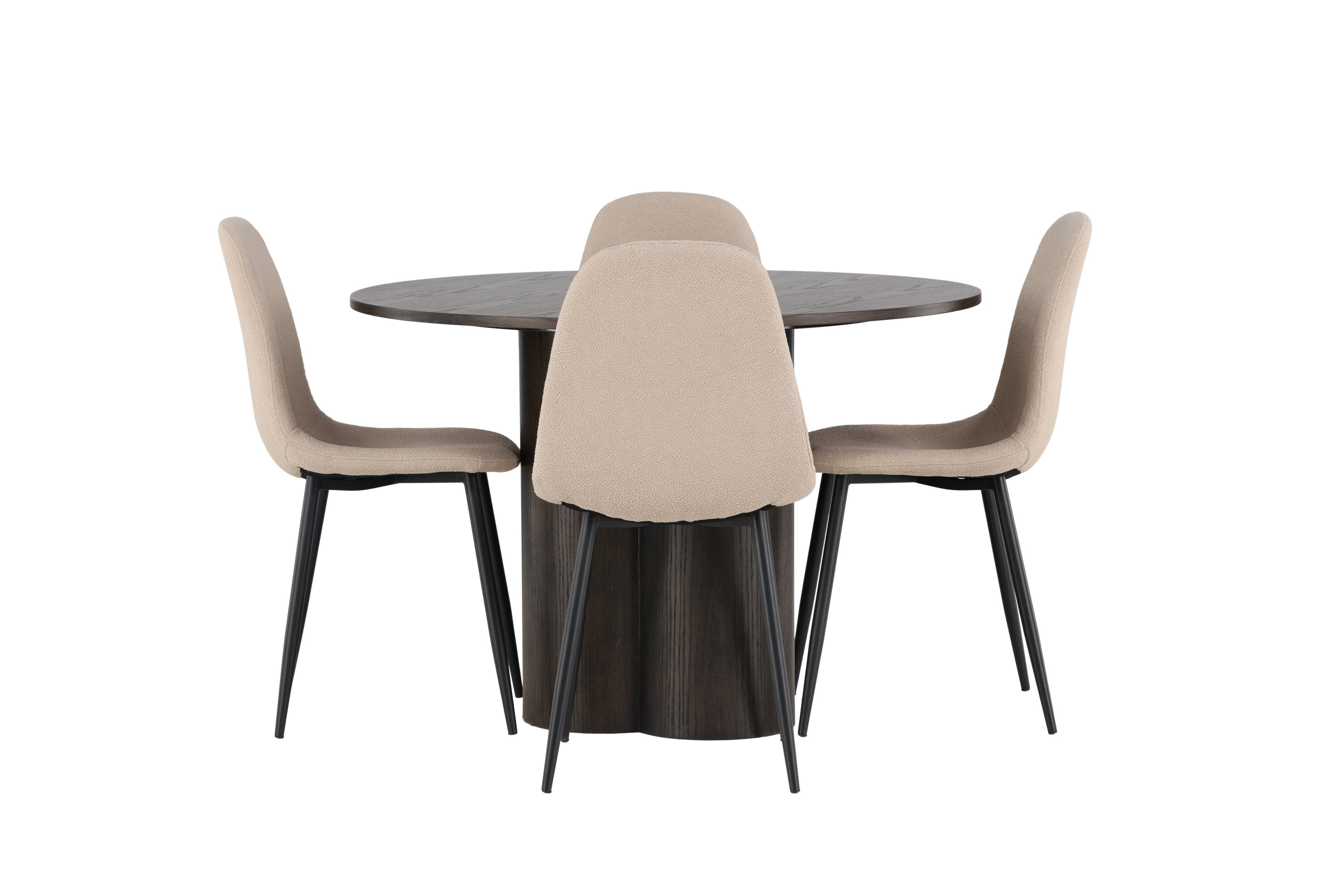 Olivia, Polar ensemble repas rond moka, beige, noir Table : ⌀110 Chaise : 52 x 90 x 45 cm sur fond clair