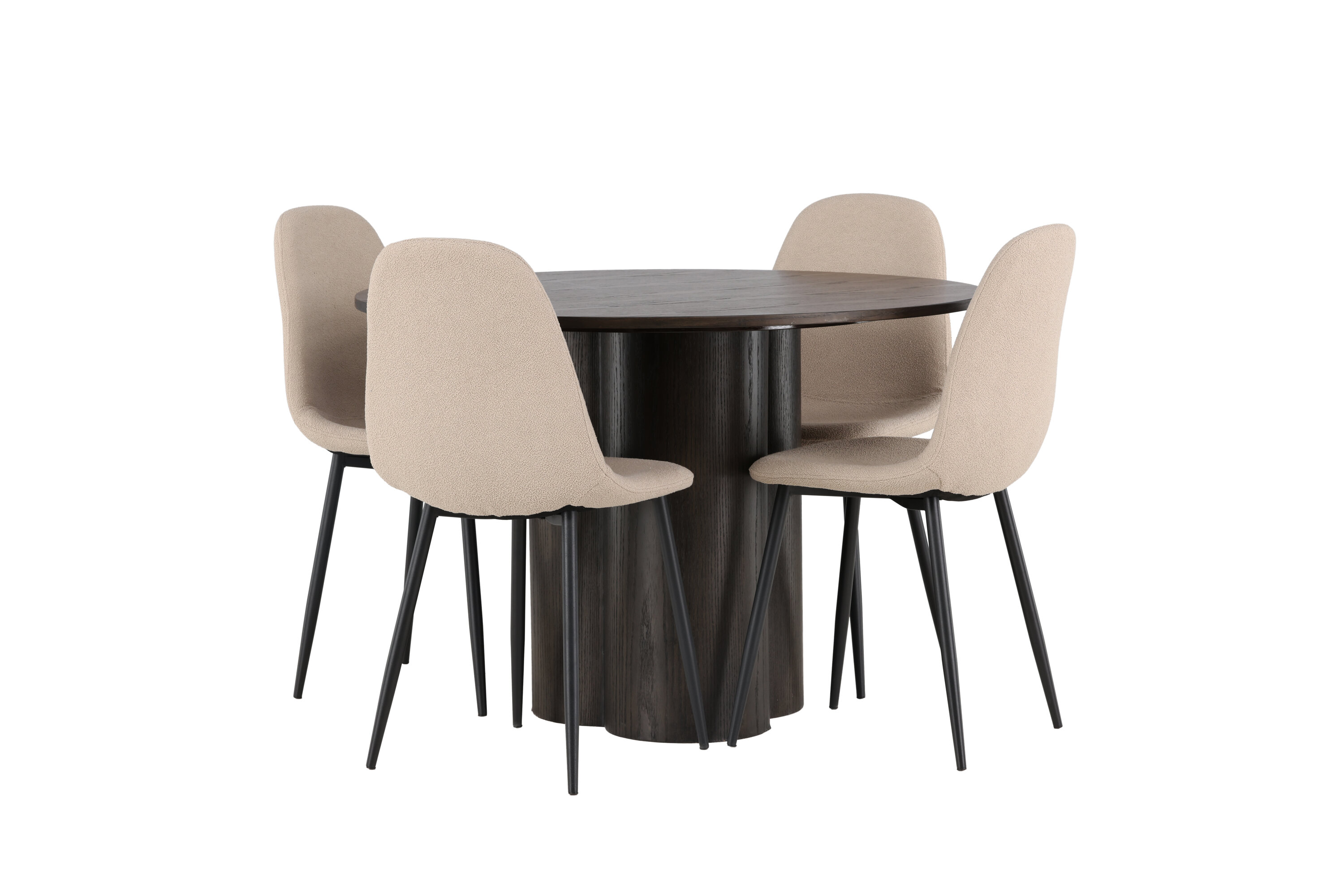 Olivia, Polar ensemble repas rond moka, beige, noir Table : ⌀110 Chaise : 52 x 90 x 45 cm sur fond clair