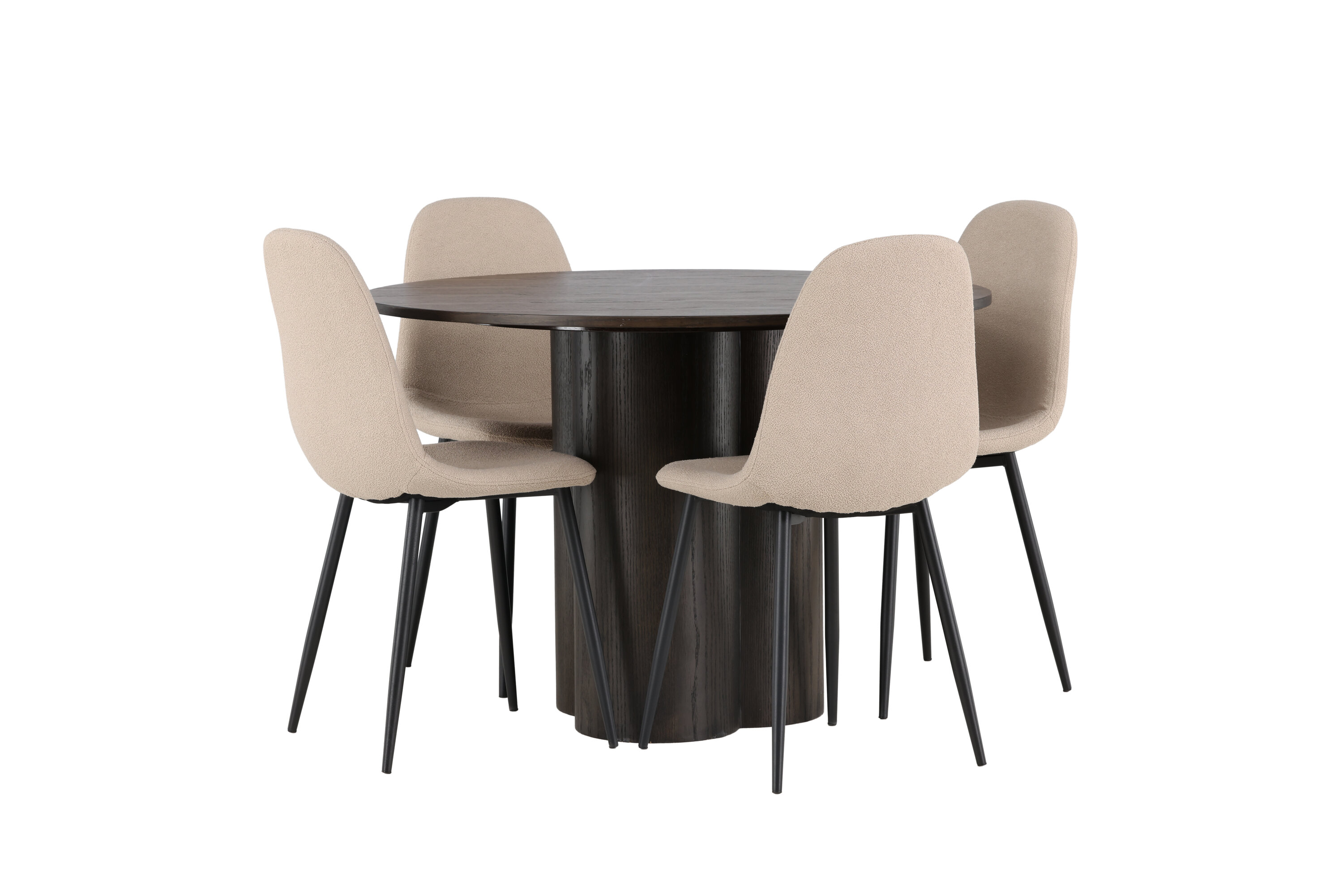Olivia, Polar ensemble repas rond moka, beige, noir Table : ⌀110 Chaise : 52 x 90 x 45 cm sur fond clair