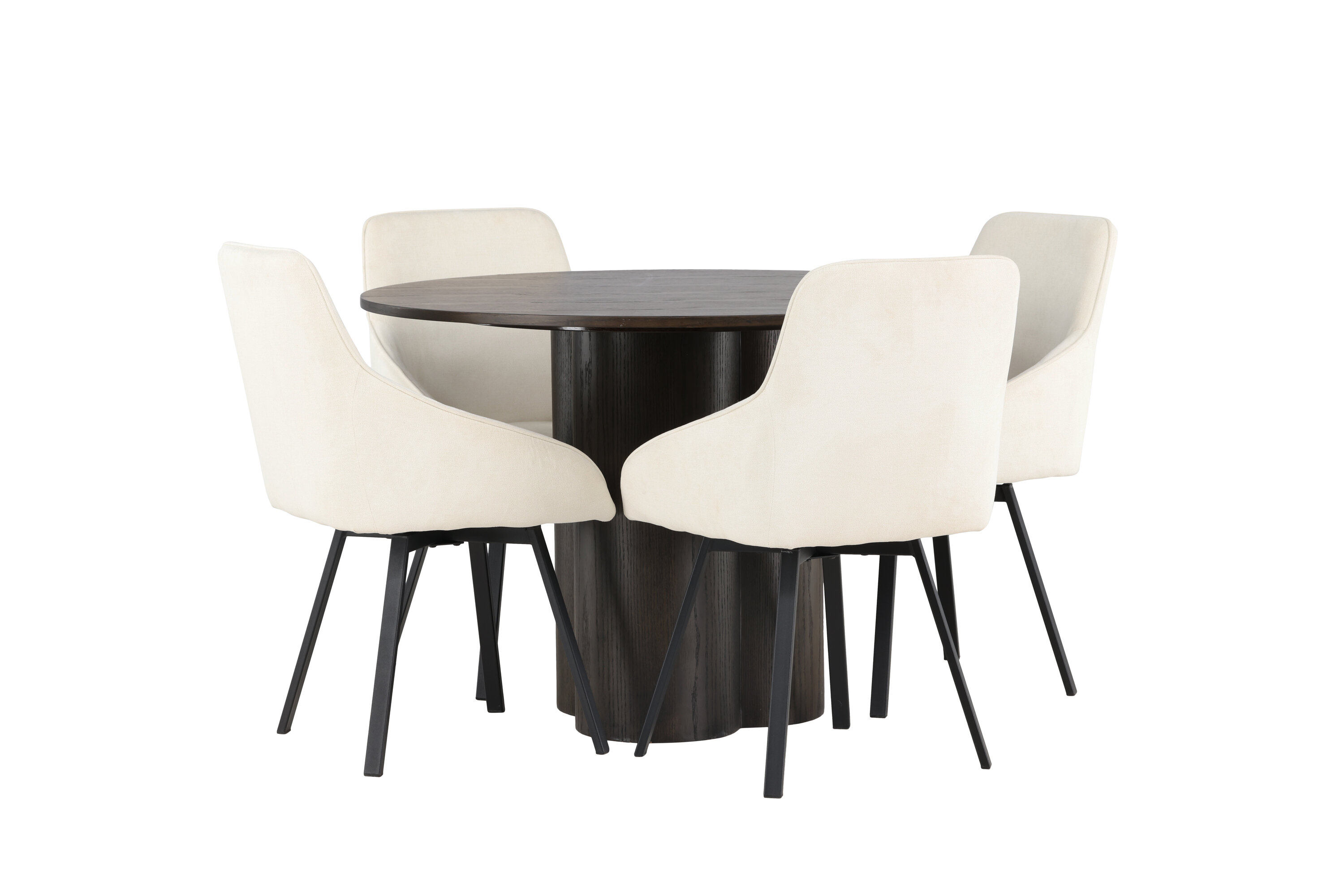 Olivia, Rosie ensemble repas rond moka, beige, noir Table : ⌀110 Chaise : 60 x 88 x 55 cm sur fond clair