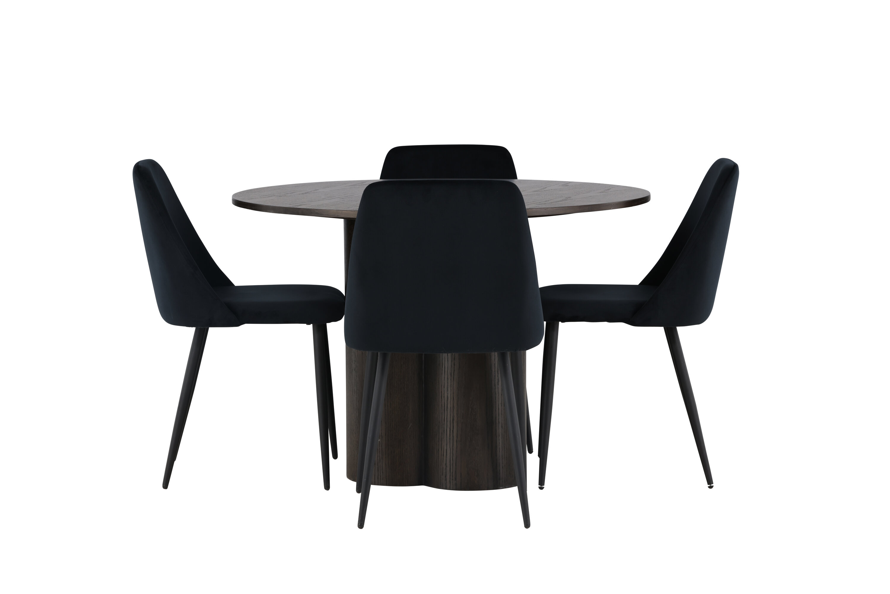Olivia, Night ensemble repas rond moka, noir Table : ⌀110 Chaise : 56 x 87 x 49 cm sur fond clair