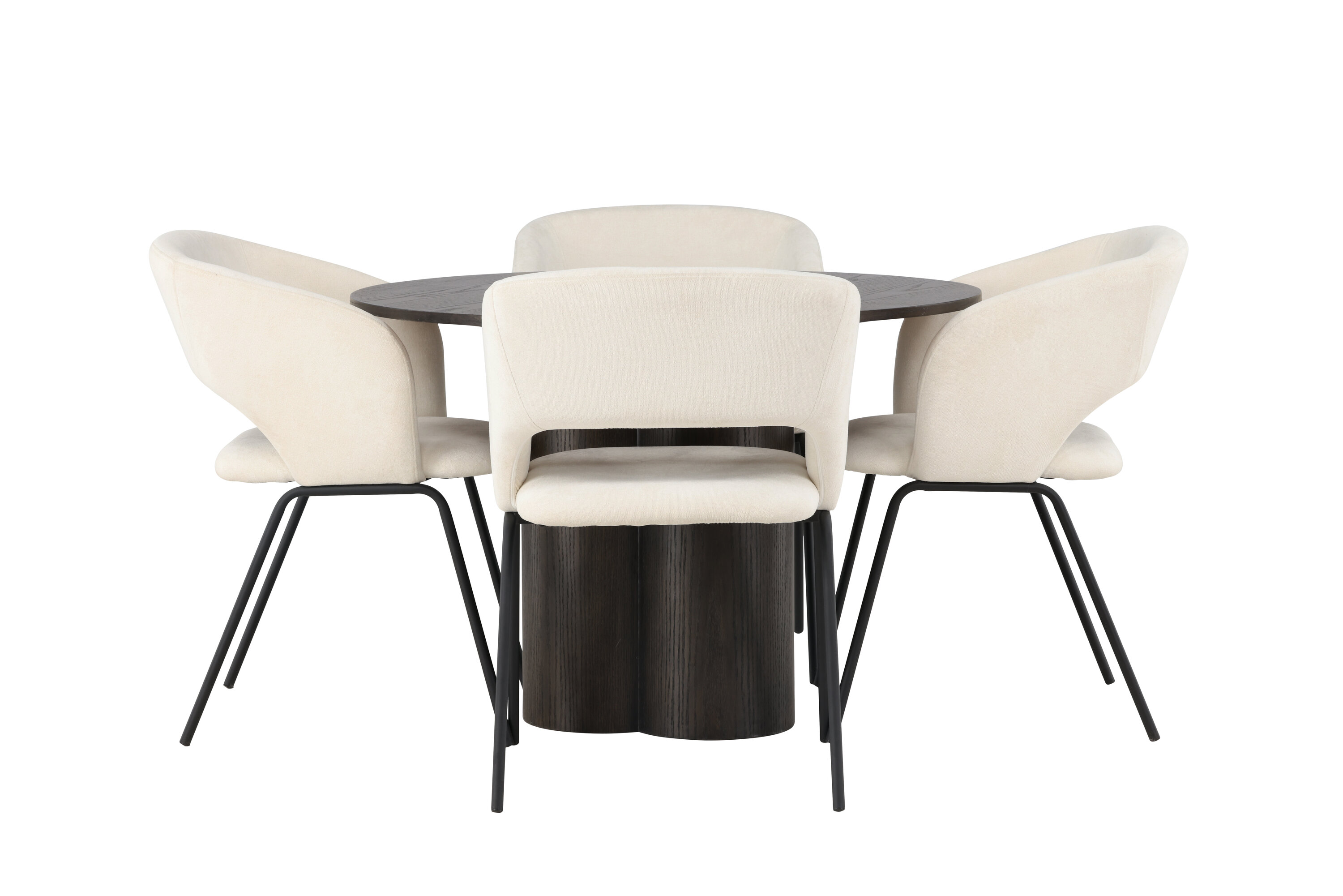 Olivia, Day ensemble repas rond moka, noir, blanc cassé Table : ⌀110 Chaise : 66 x 86 x 66 cm sur fond clair