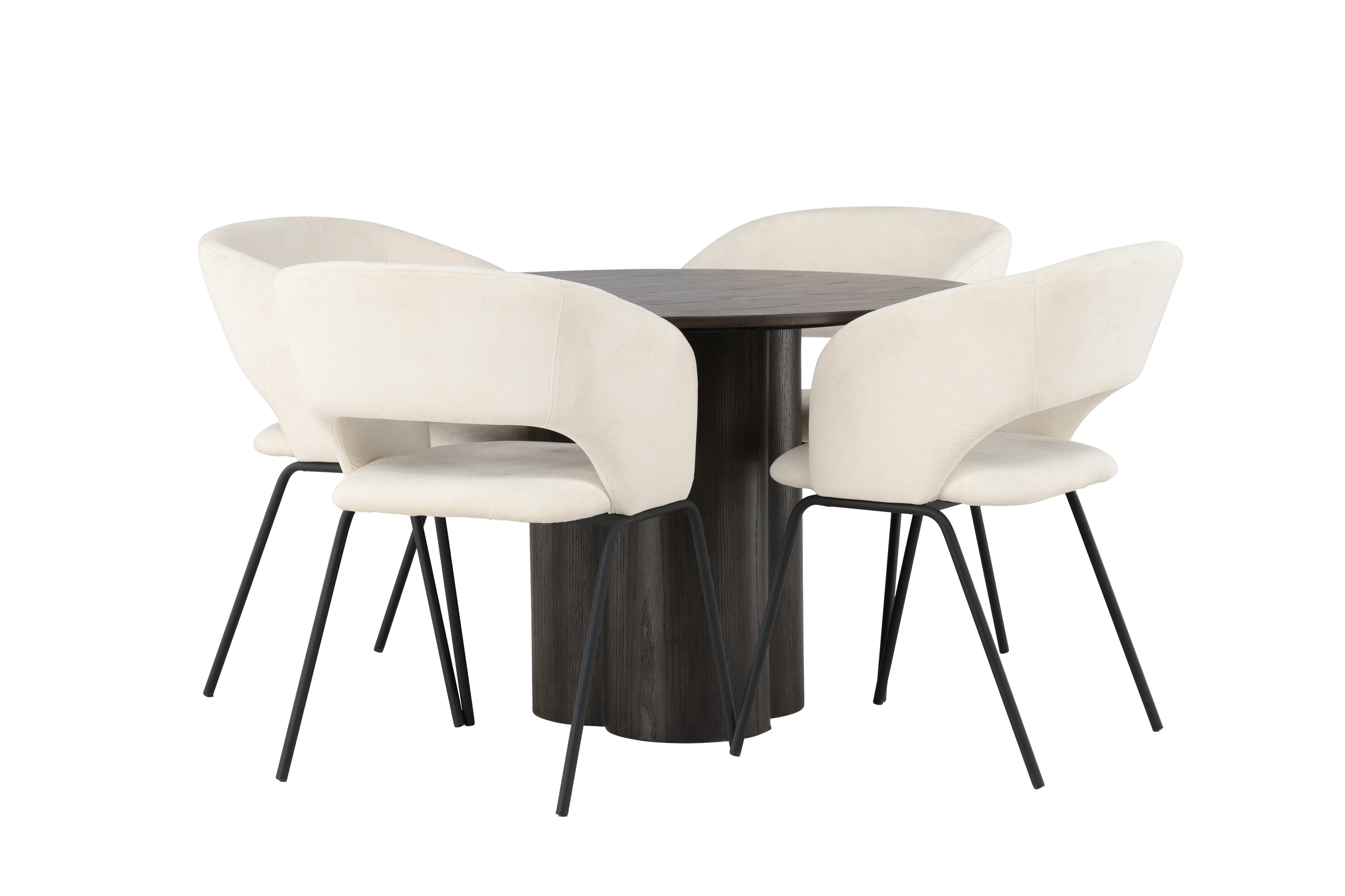 Olivia, Day ensemble repas rond moka, noir, blanc cassé Table : ⌀110 Chaise : 66 x 86 x 66 cm sur fond clair
