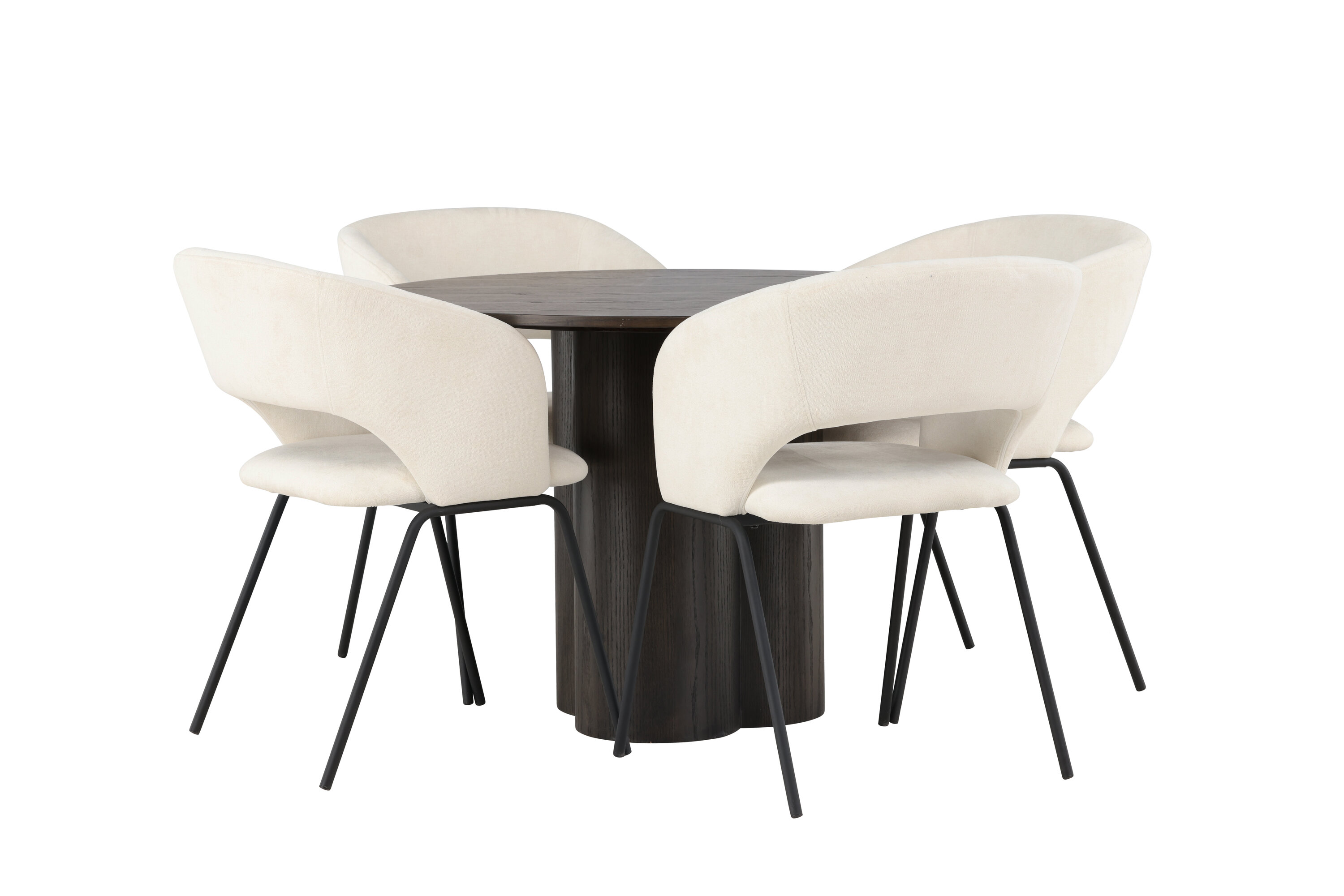 Olivia, Day ensemble repas rond moka, noir, blanc cassé Table : ⌀110 Chaise : 66 x 86 x 66 cm sur fond clair