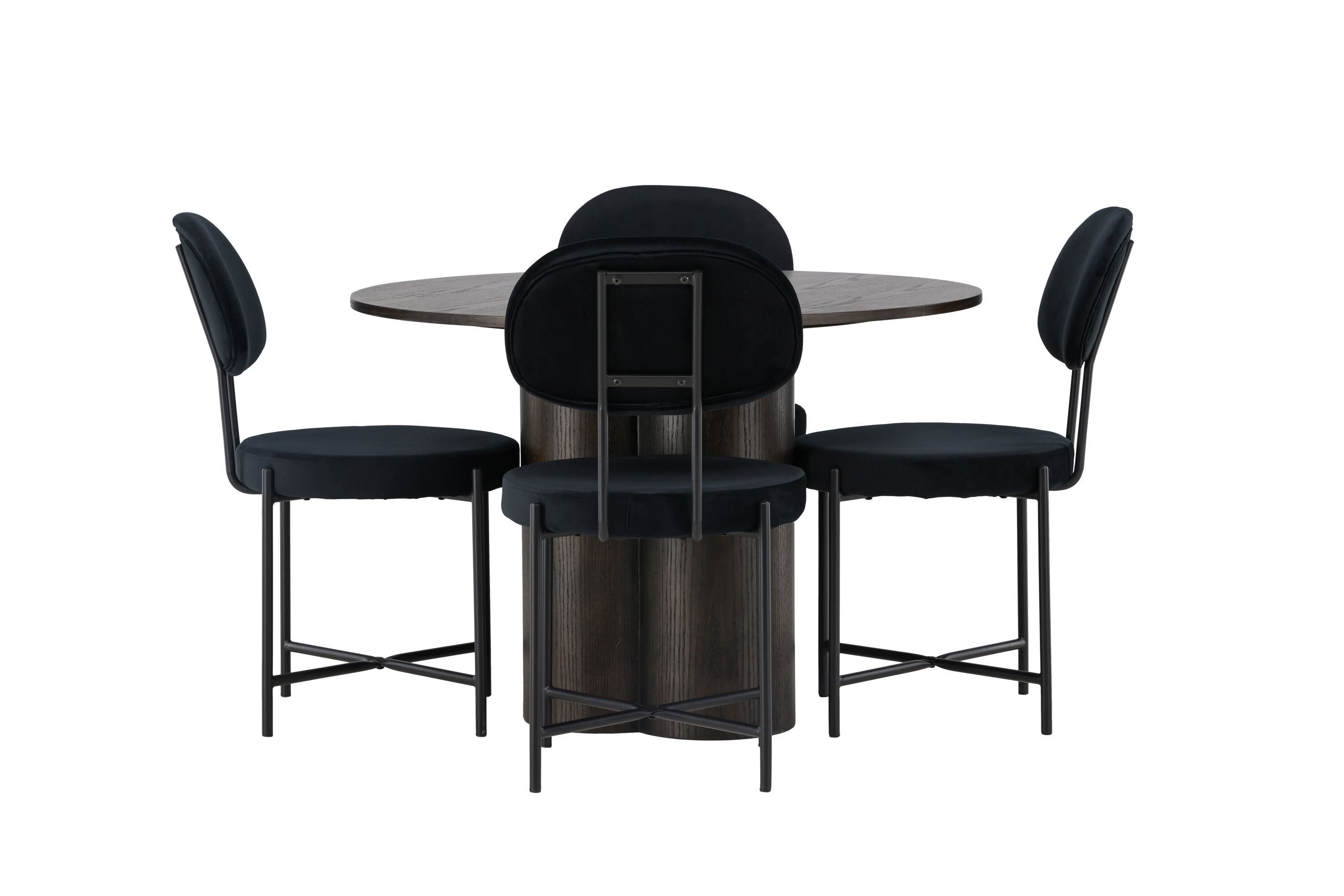 Olivia, Stella ensemble repas rond moka, noir Table : ⌀110 Chaise : 60 x 89 x 50 cm sur fond clair