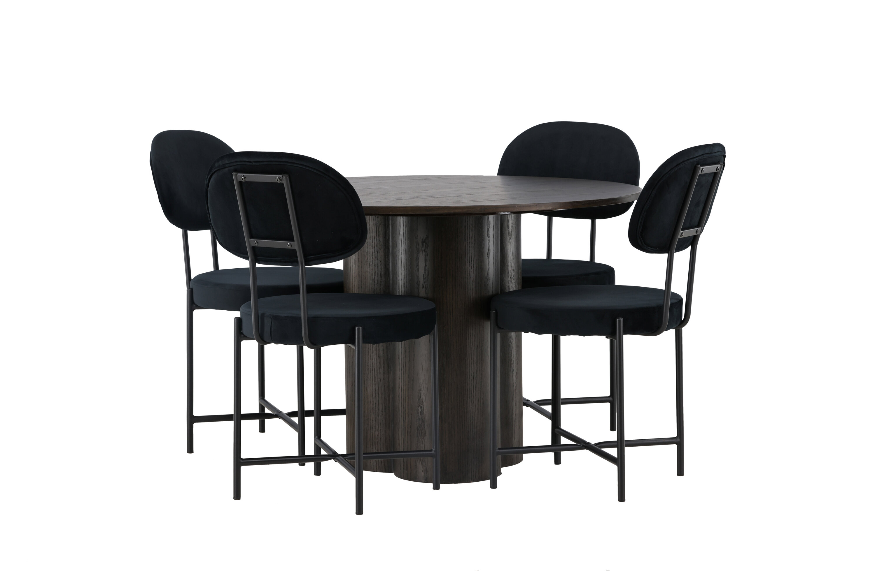 Olivia, Stella ensemble repas rond moka, noir Table : ⌀110 Chaise : 60 x 89 x 50 cm sur fond clair