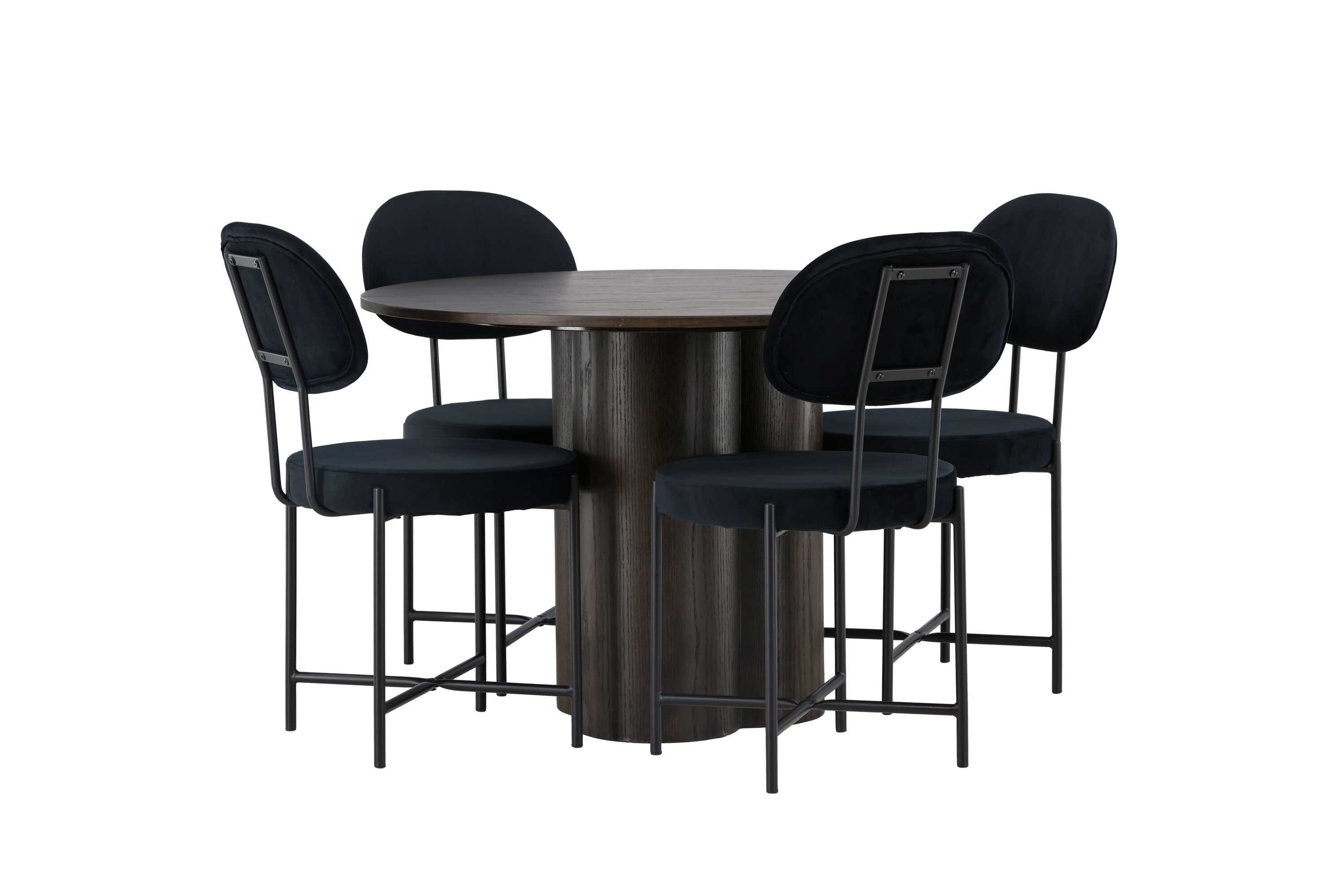 Olivia, Stella ensemble repas rond moka, noir Table : ⌀110 Chaise : 60 x 89 x 50 cm sur fond clair