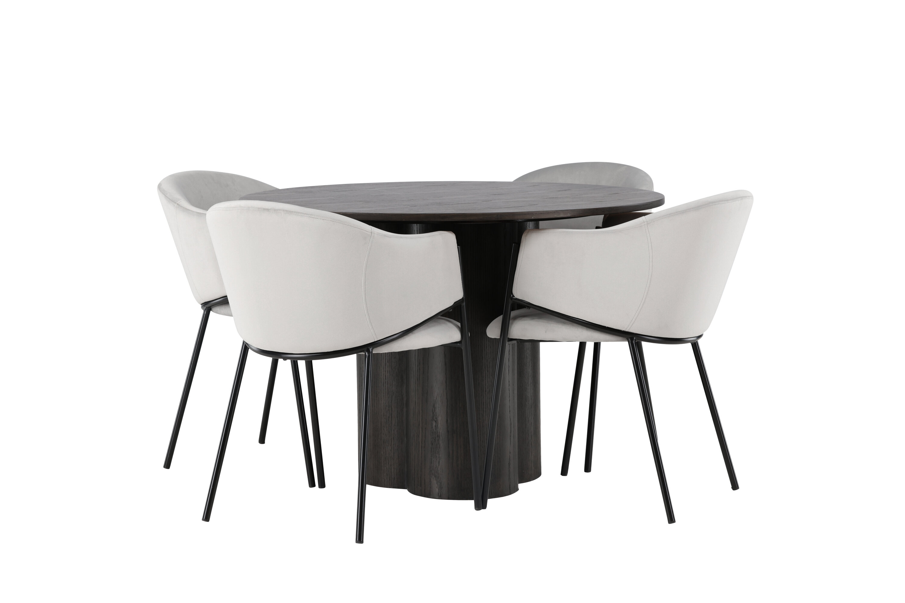 Olivia, Evelina ensemble repas rond moka, noir, gris Table : ⌀110 Chaise : 62 x 80 x 54 cm sur fond clair