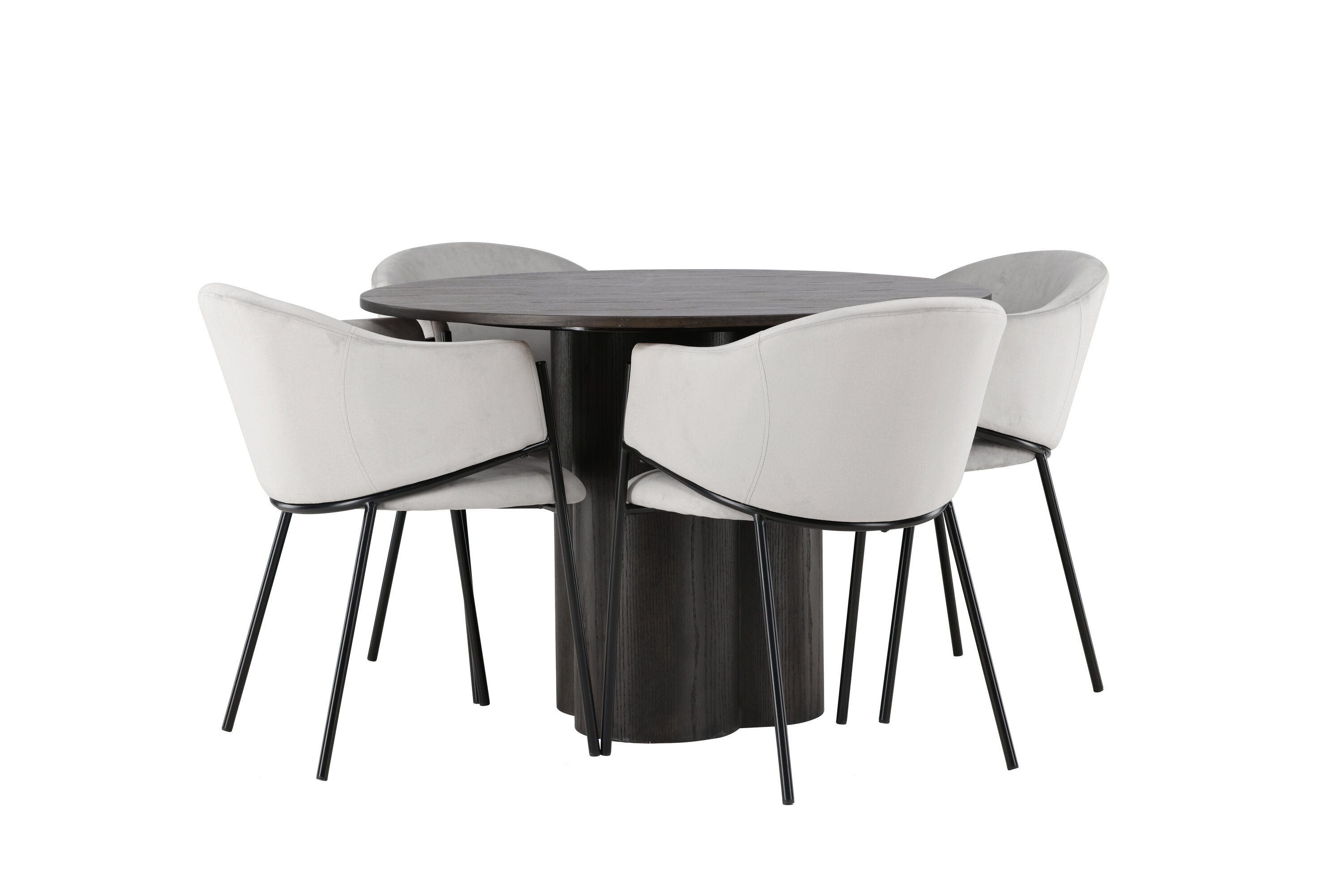 Olivia, Evelina ensemble repas rond moka, noir, gris Table : ⌀110 Chaise : 62 x 80 x 54 cm sur fond clair