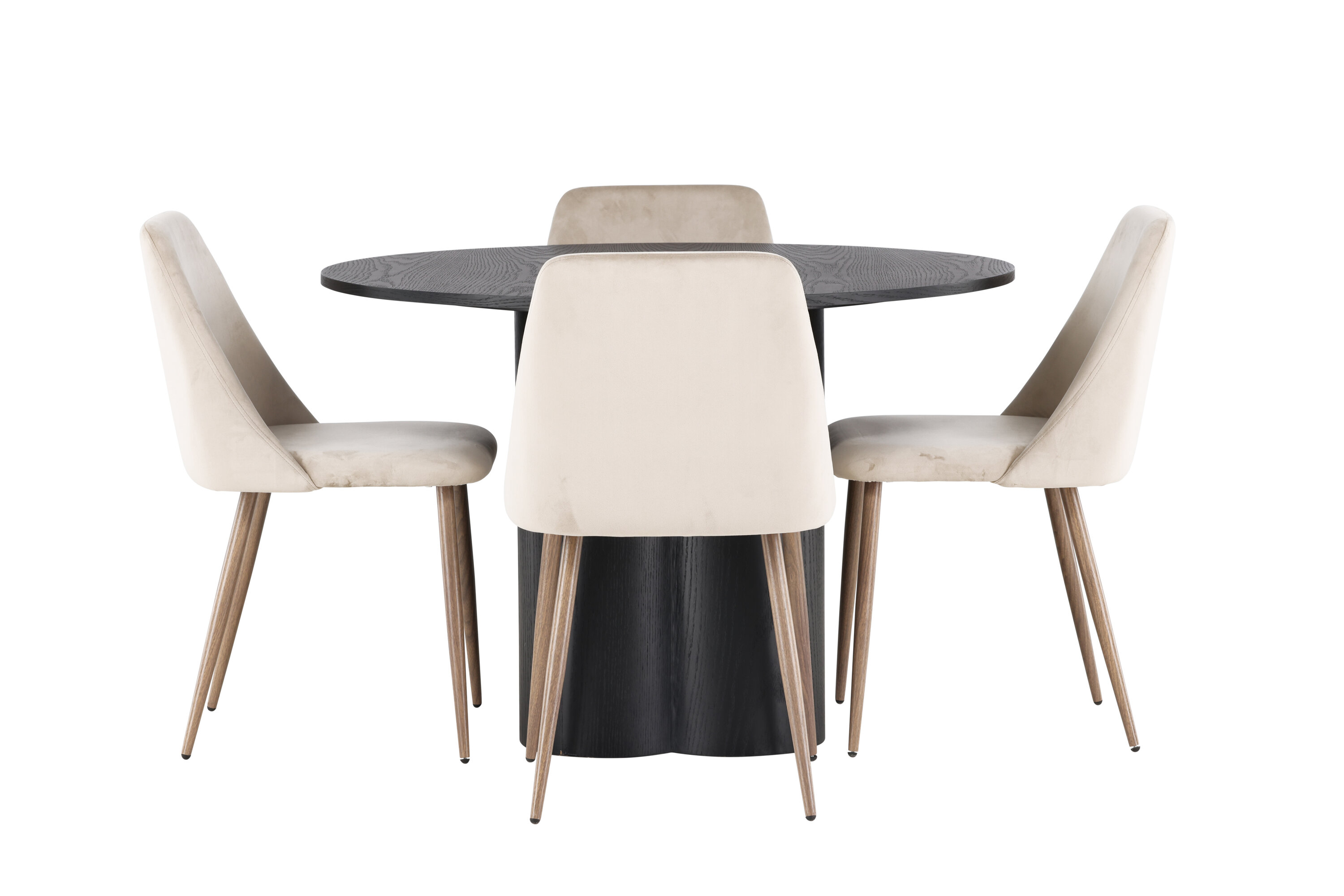Olivia, Night ensemble repas rond noir, noyer, beige Table : ⌀110 Chaise : 56 x 87 x 49 cm sur fond clair