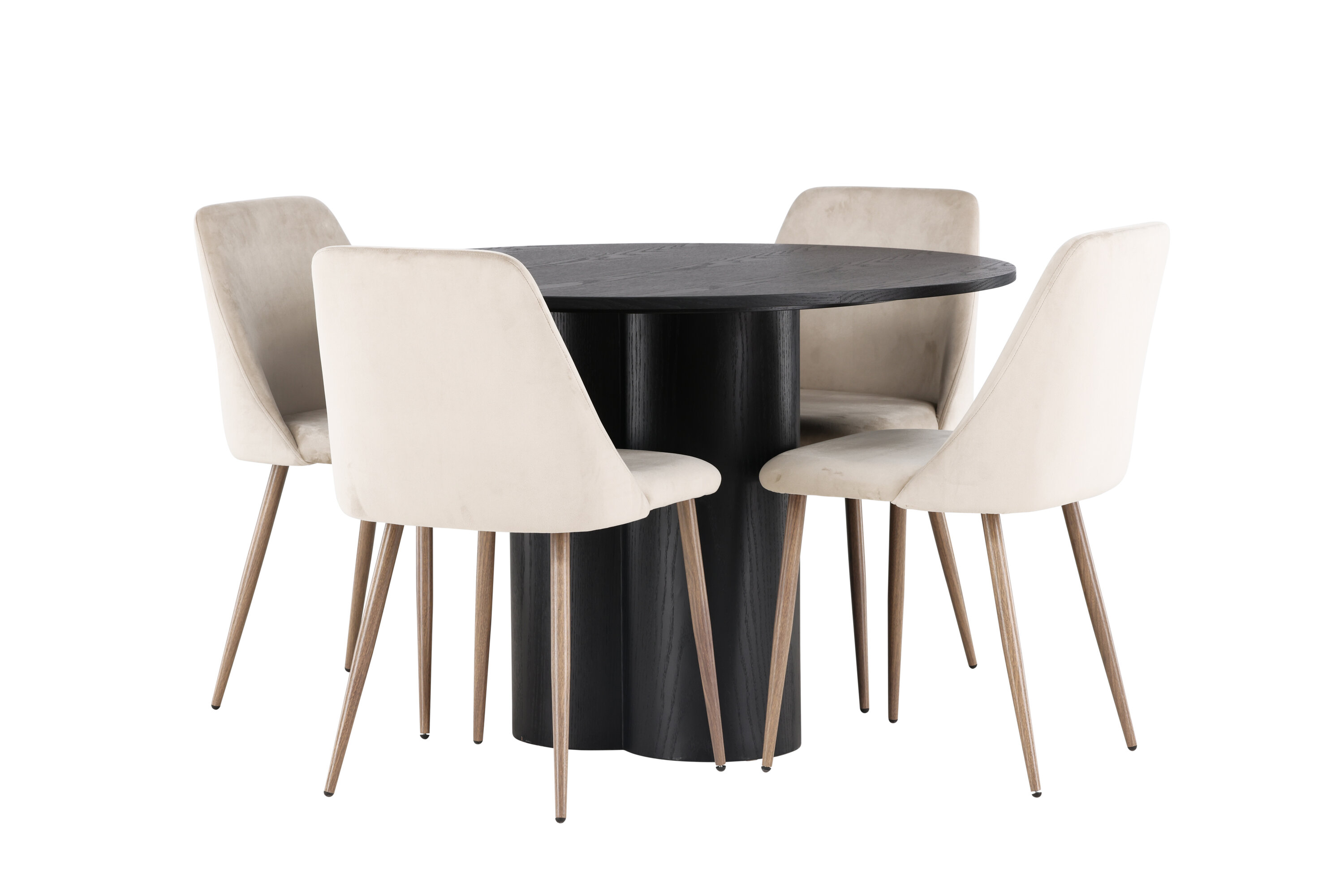 Olivia, Night ensemble repas rond noir, noyer, beige Table : ⌀110 Chaise : 56 x 87 x 49 cm sur fond clair