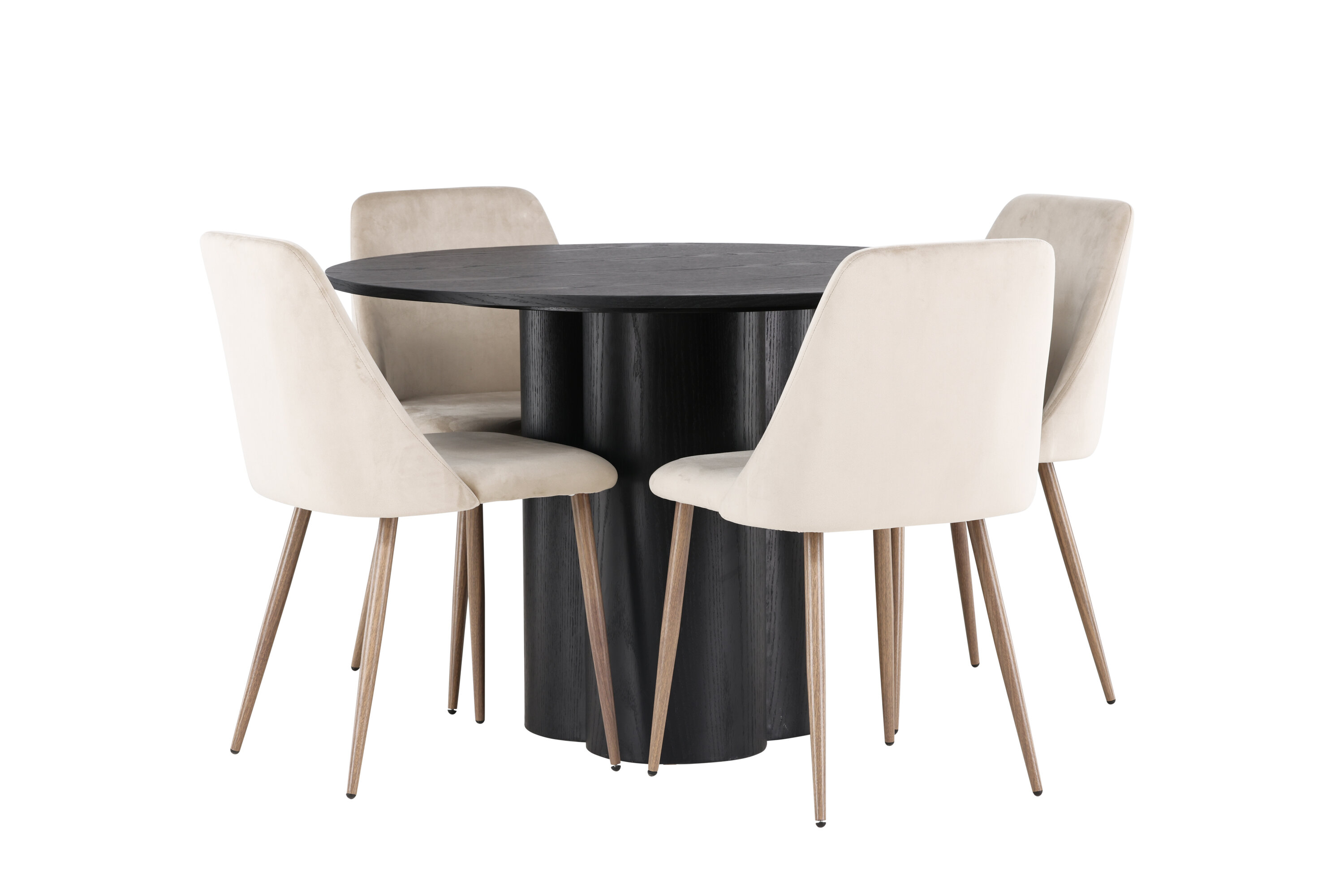 Olivia, Night ensemble repas rond noir, noyer, beige Table : ⌀110 Chaise : 56 x 87 x 49 cm sur fond clair
