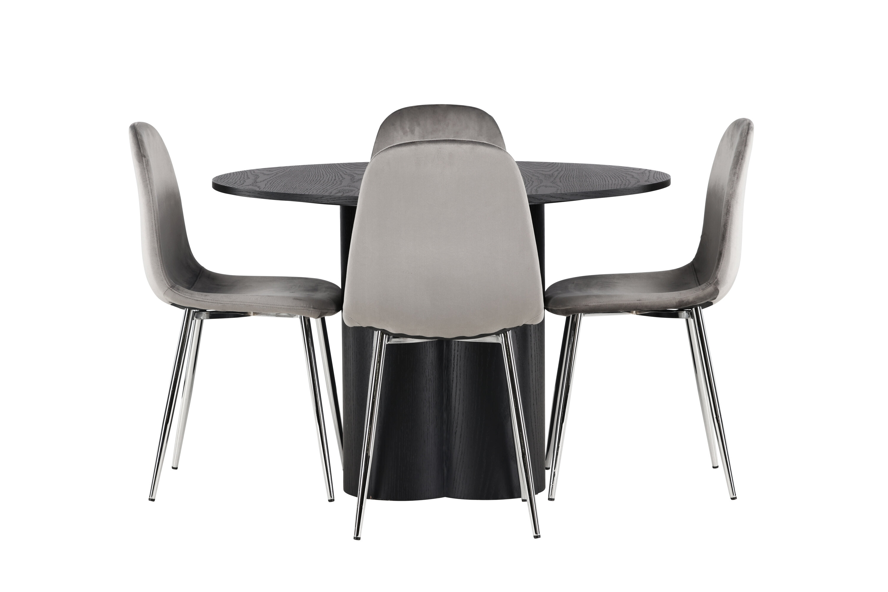 Olivia, Eva ensemble repas rond noir, argenté, gris clair Table : ⌀110 Chaise : 42 x 89 x 44,5 cm sur fond clair