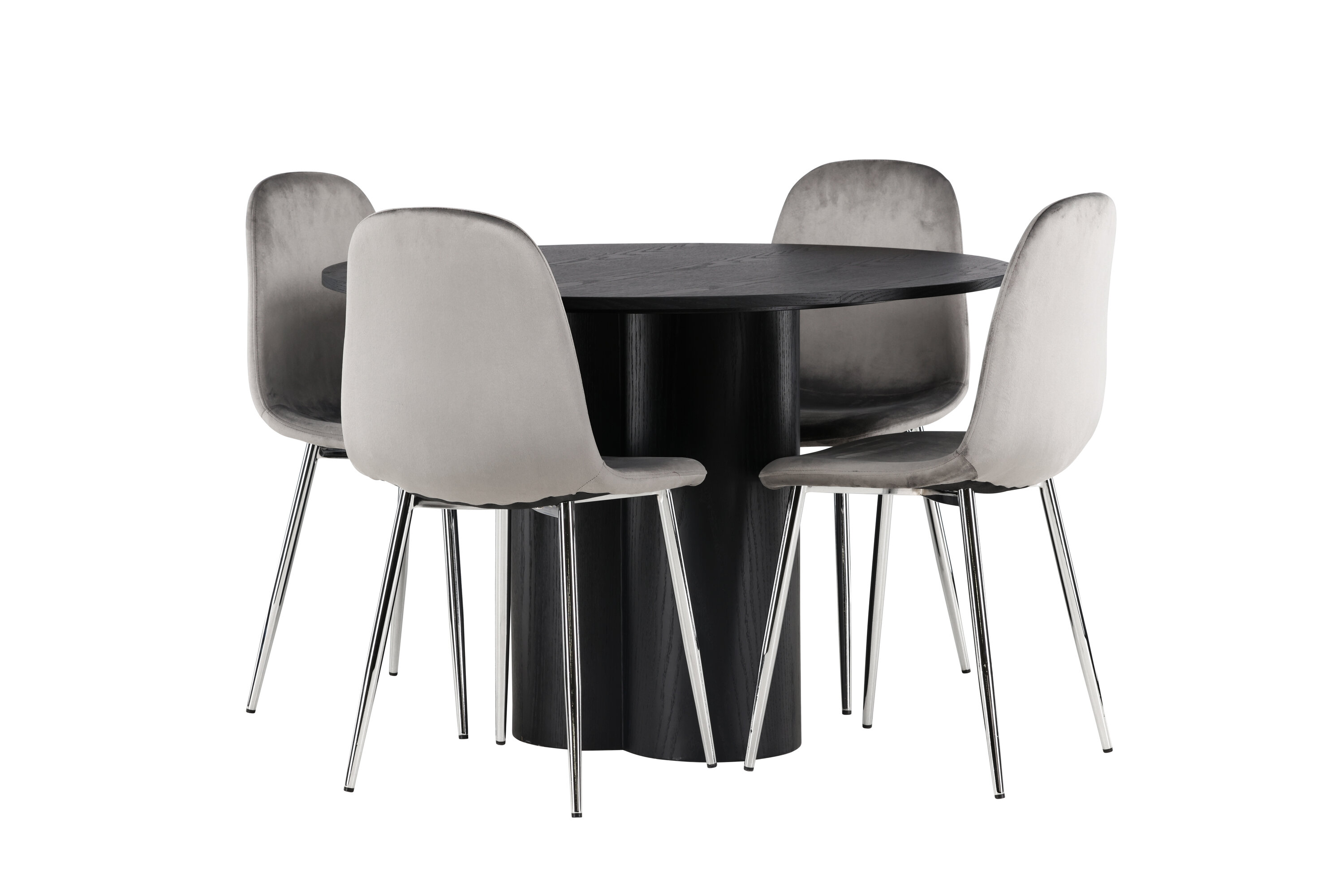 Olivia, Eva ensemble repas rond noir, argenté, gris clair Table : ⌀110 Chaise : 42 x 89 x 44,5 cm sur fond clair