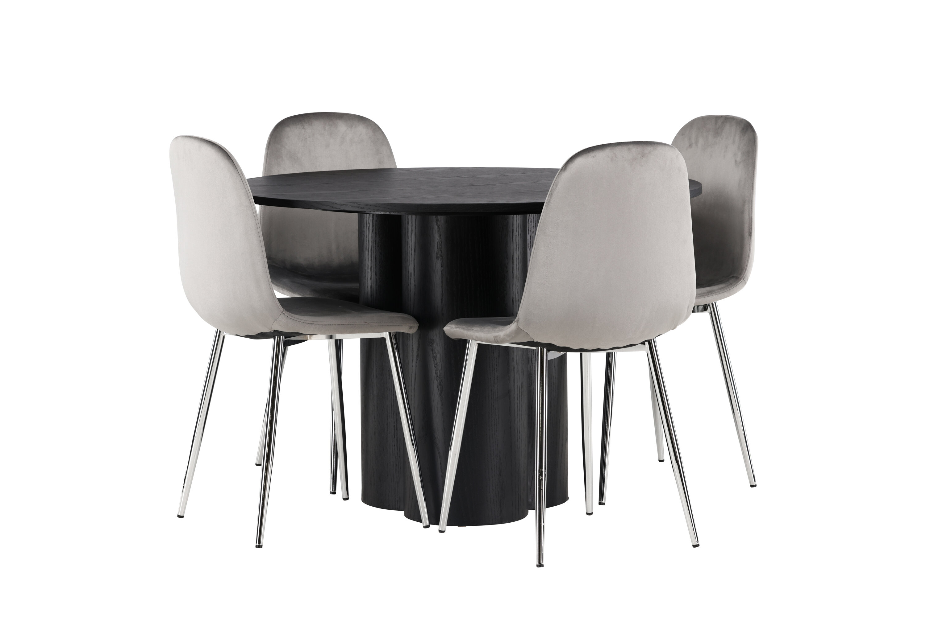 Olivia, Eva ensemble repas rond noir, argenté, gris clair Table : ⌀110 Chaise : 42 x 89 x 44,5 cm sur fond clair