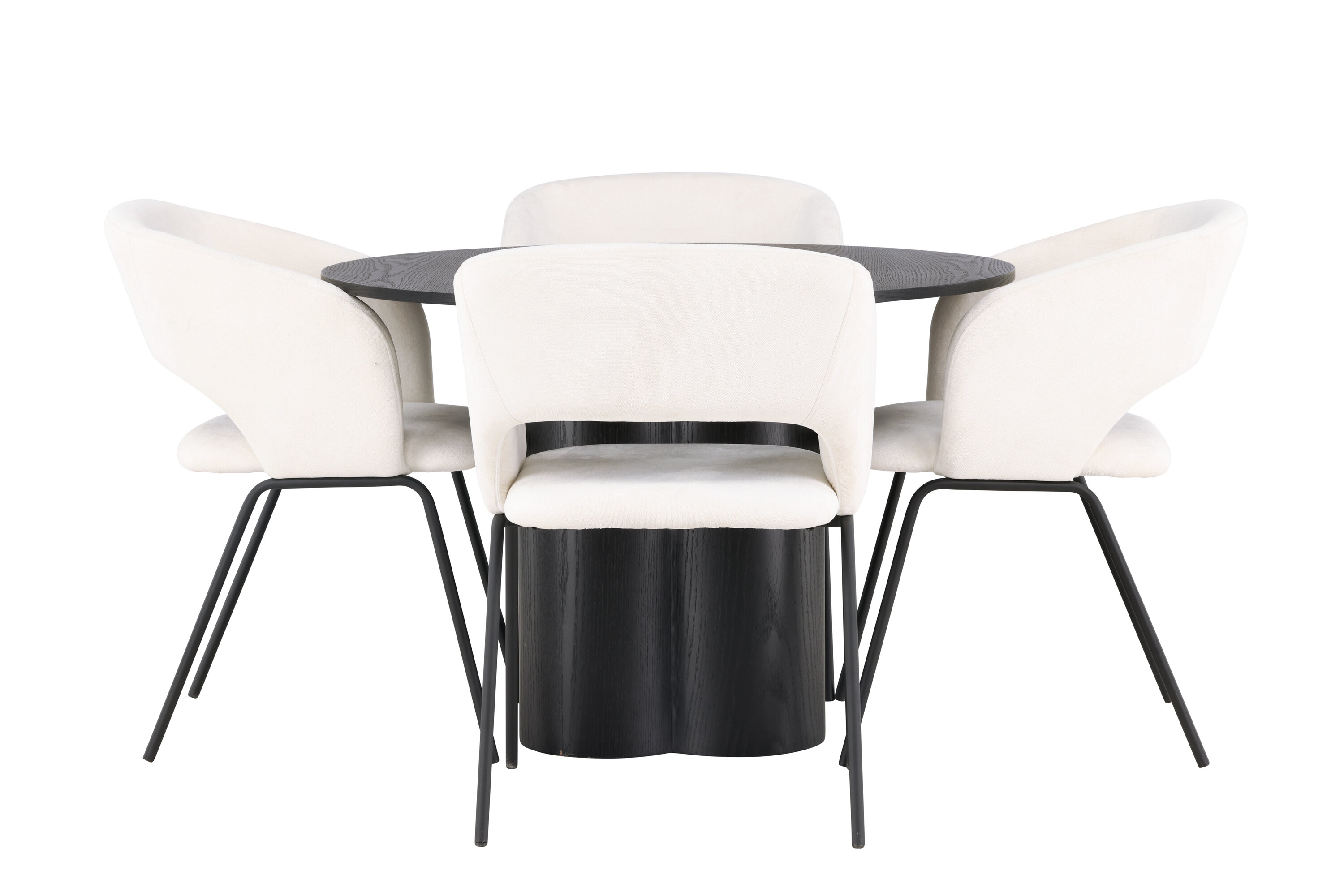 Olivia, Day ensemble repas rond noir, blanc cassé Table : ⌀110 Chaise : 66 x 86 x 66 cm sur fond clair