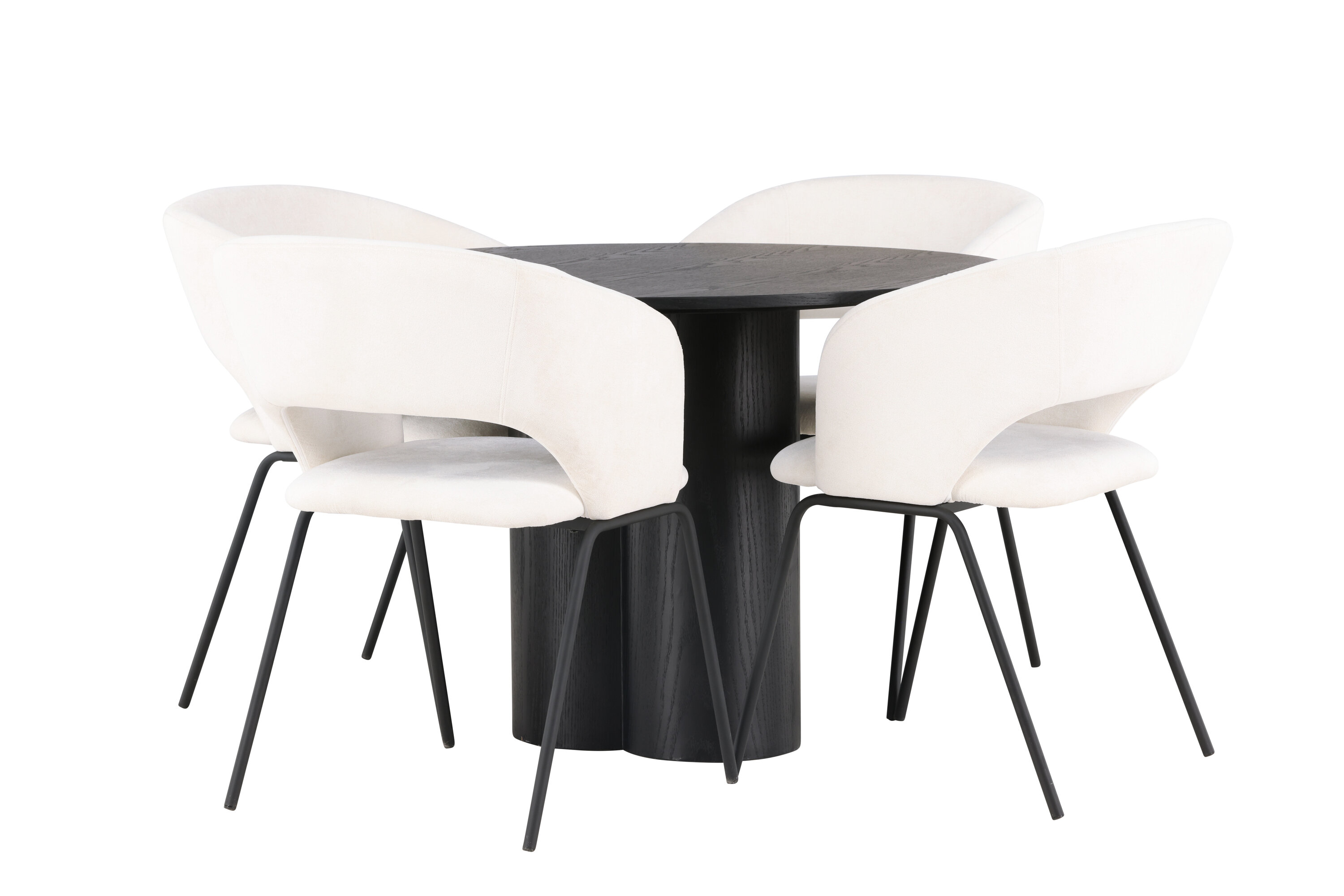 Olivia, Day ensemble repas rond noir, blanc cassé Table : ⌀110 Chaise : 66 x 86 x 66 cm sur fond clair