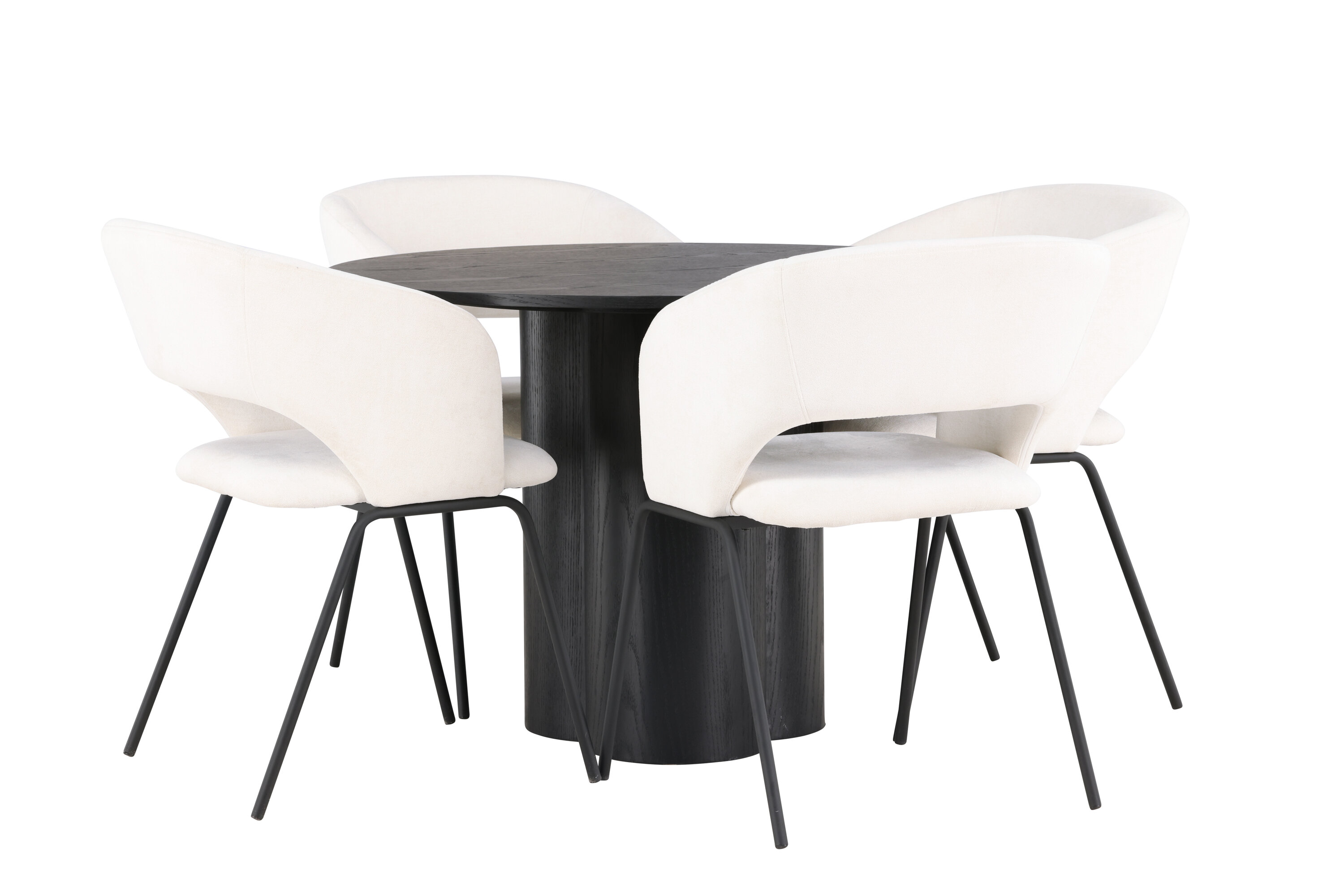 Olivia, Day ensemble repas rond noir, blanc cassé Table : ⌀110 Chaise : 66 x 86 x 66 cm sur fond clair
