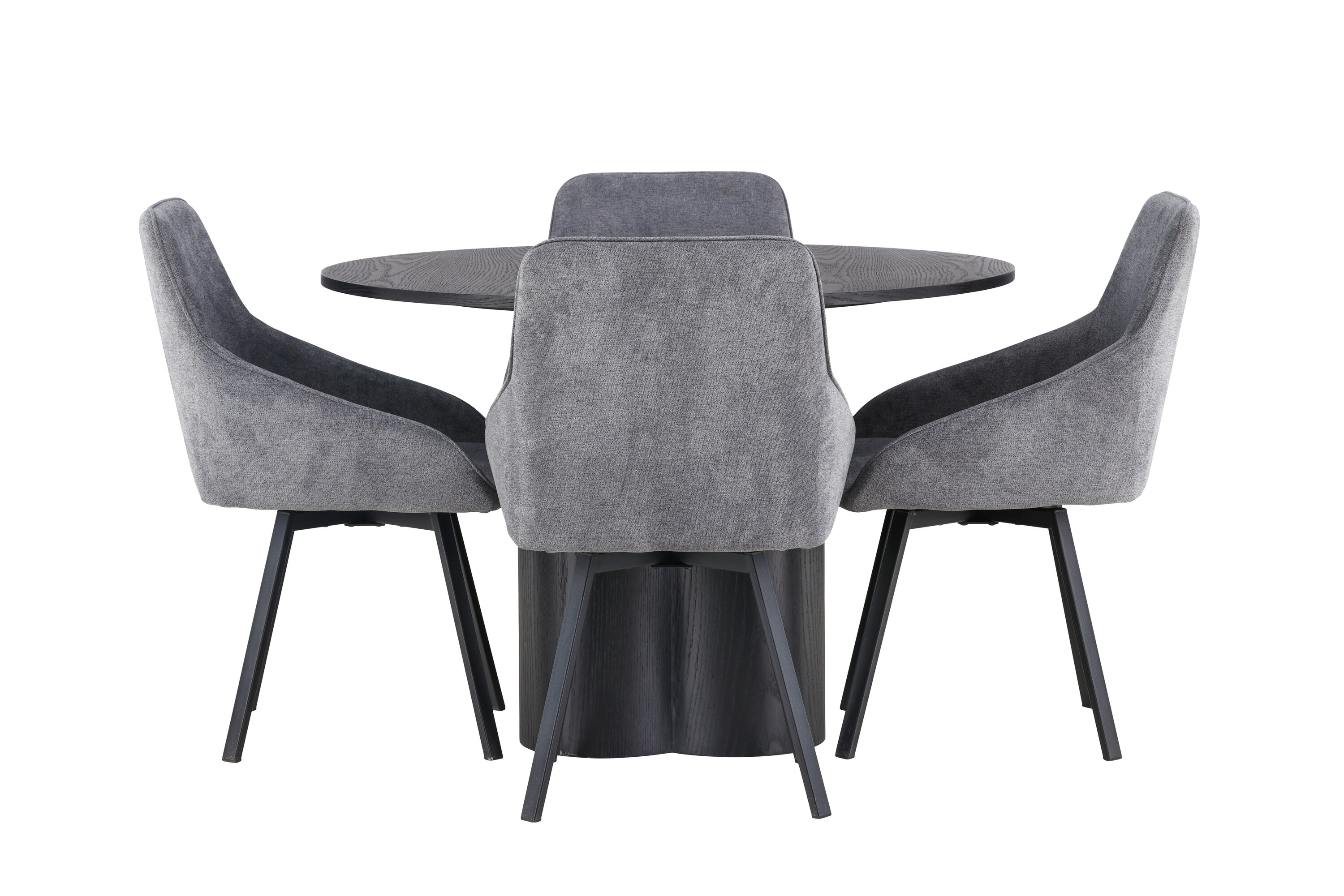 Olivia, Rosie ensemble repas rond noir, gris Table : ⌀110 Chaise : 60 x 88 x 55 cm sur fond clair