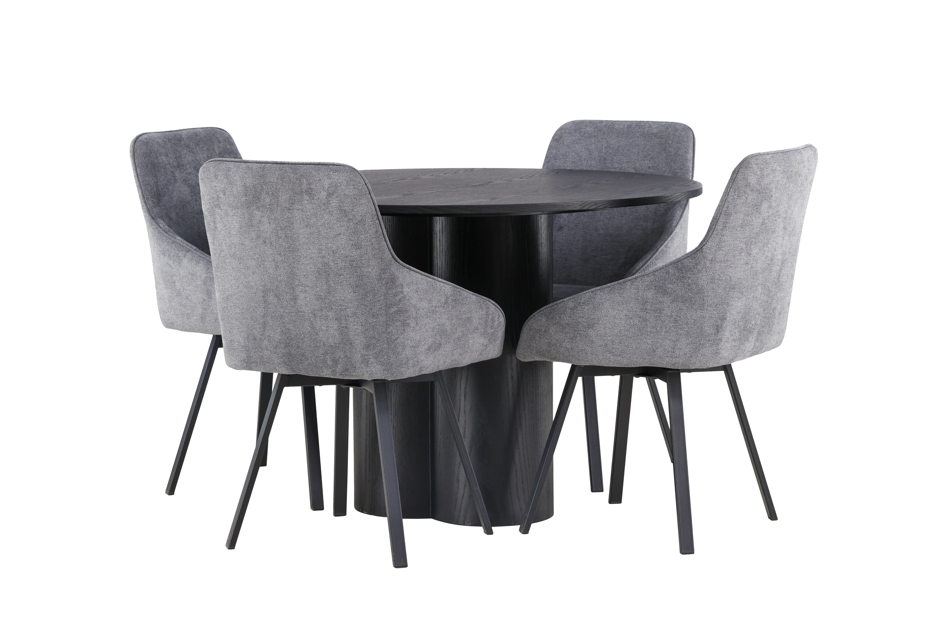 Olivia, Rosie ensemble repas rond noir, gris Table : ⌀110 Chaise : 60 x 88 x 55 cm sur fond clair