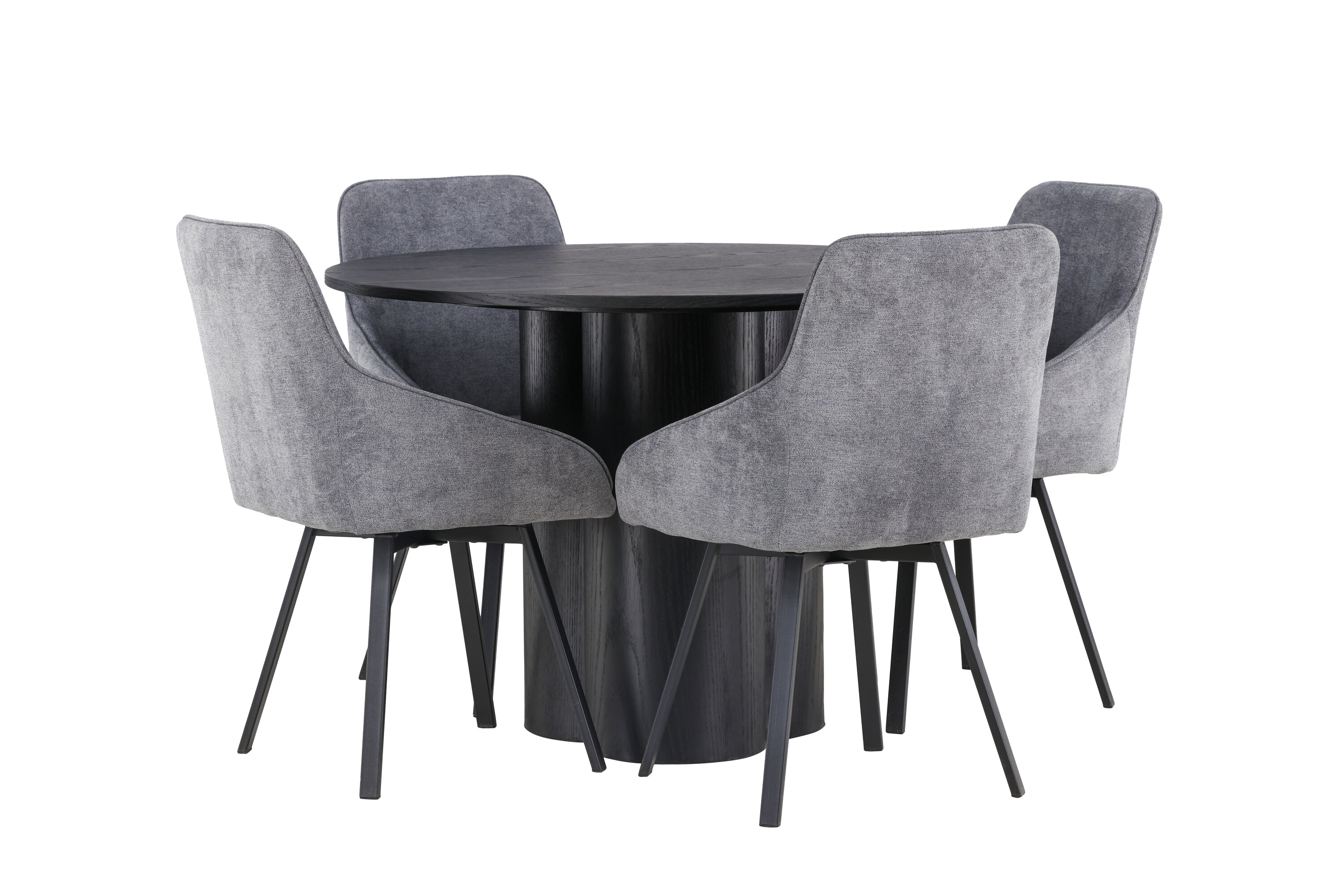 Olivia, Rosie ensemble repas rond noir, gris Table : ⌀110 Chaise : 60 x 88 x 55 cm sur fond clair