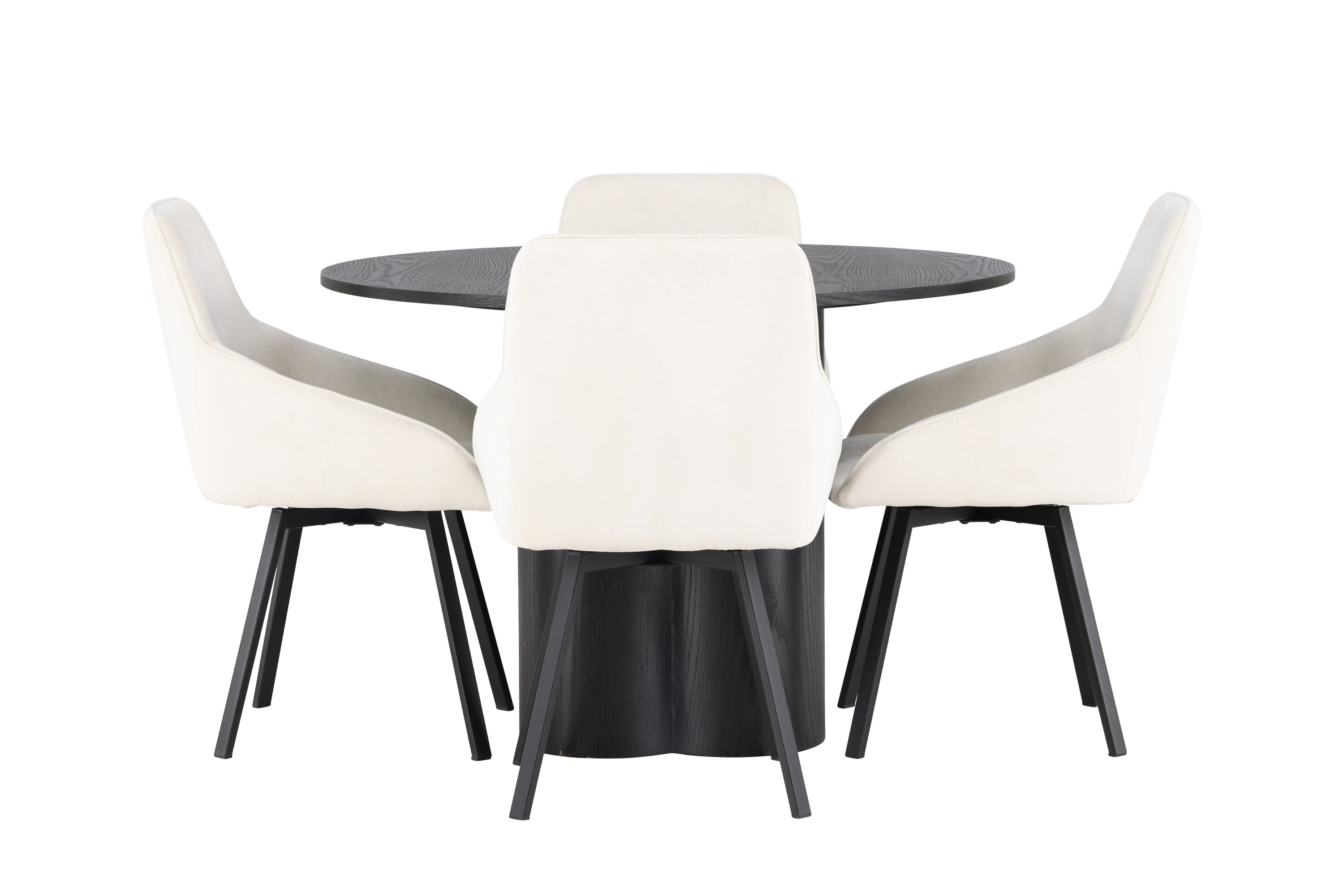 Olivia, Rosie ensemble repas rond noir, beige Table : ⌀110 Chaise : 60 x 88 x 55 cm sur fond clair