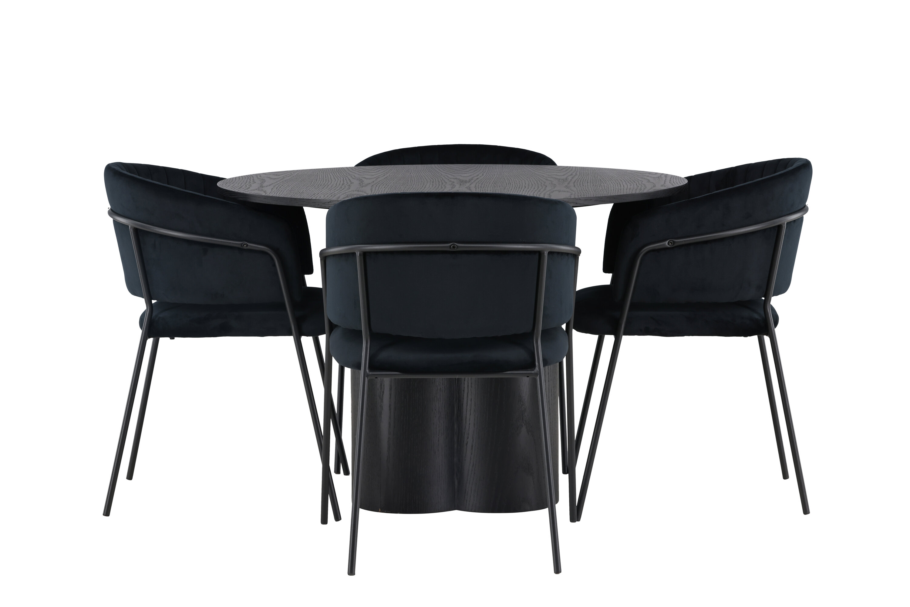 Olivia, Selma ensemble repas rond noir Table : ⌀110 Chaise : 58 x 82 x 54 cm sur fond clair