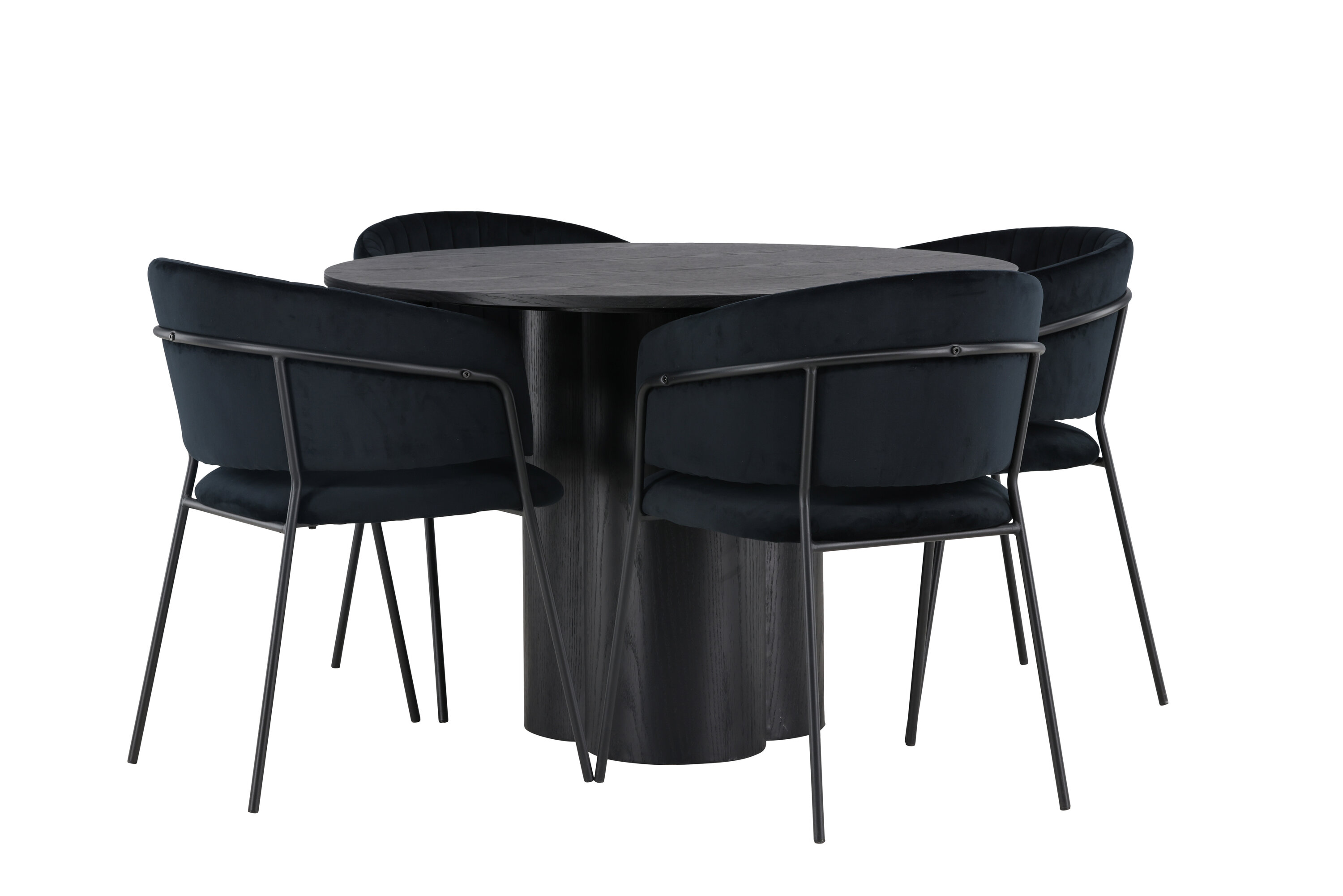 Olivia, Selma ensemble repas rond noir Table : ⌀110 Chaise : 58 x 82 x 54 cm sur fond clair