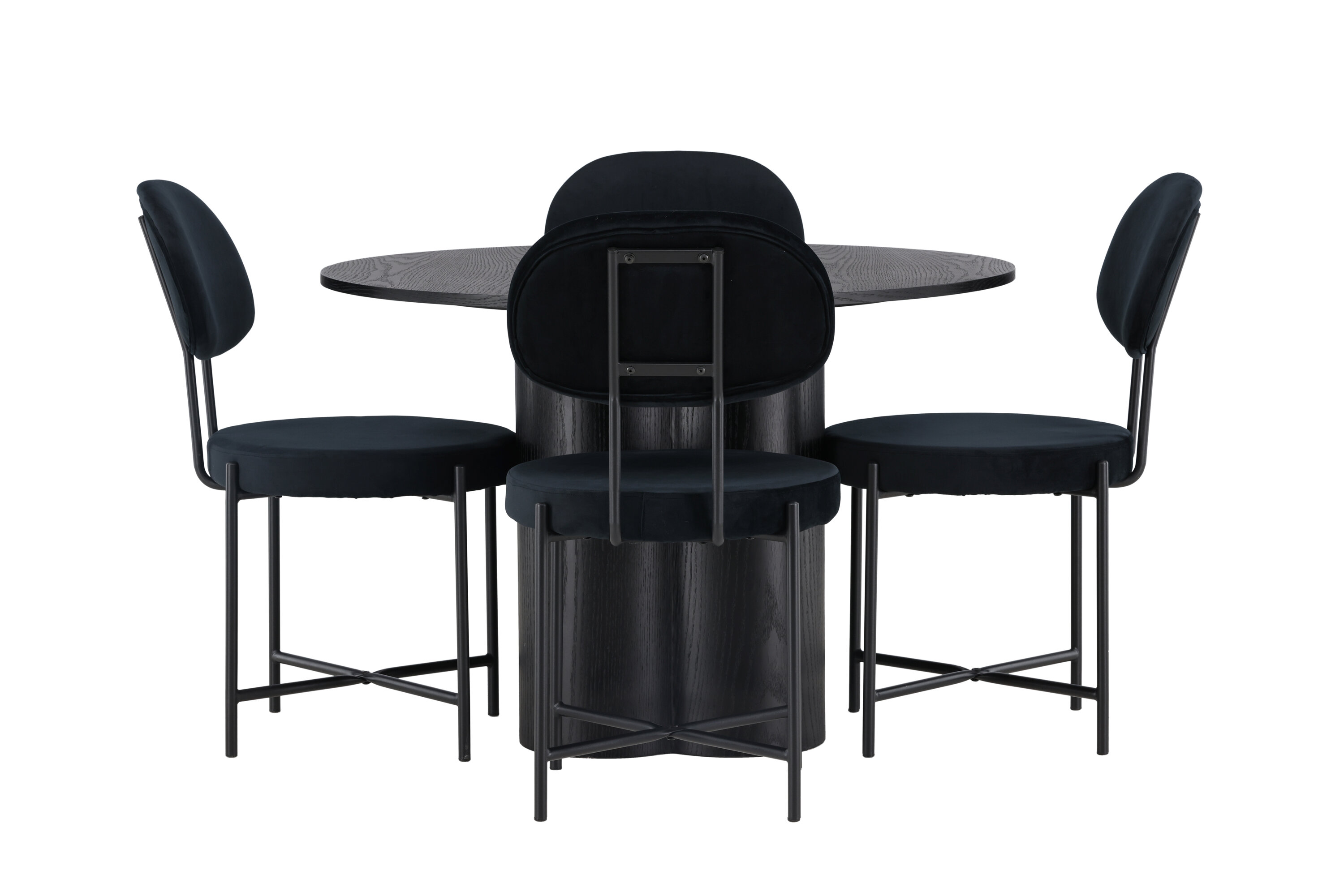 Olivia, Stella ensemble repas rond noir Table : ⌀110 Chaise : 60 x 89 x 50 cm sur fond clair
